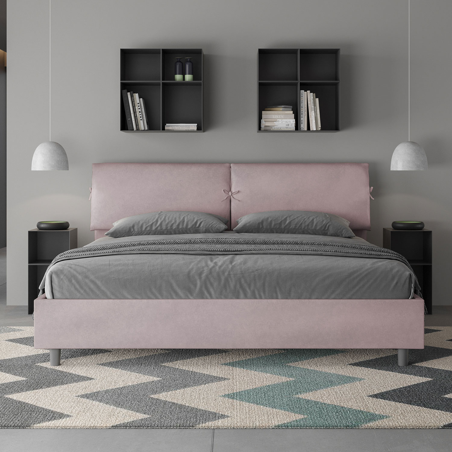Letto Matrimoniale King Size 180x200 cm Senza Rete Testata con Cuscini Imbottito in Microfibra Mados Glicine...