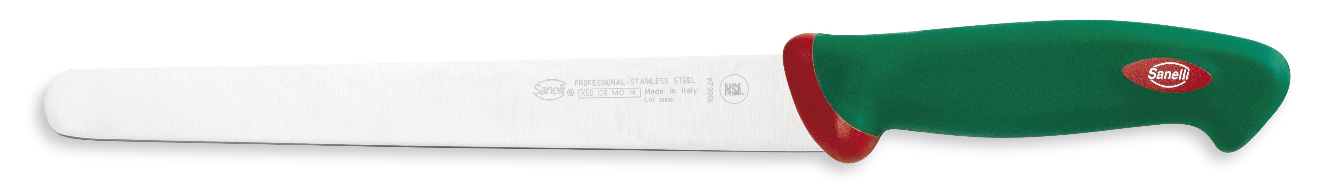 Image of Coltello per Salumi Prosciutto Professionale Lama 24 cm Manico Antiscivolo Verde Sanelli Premana