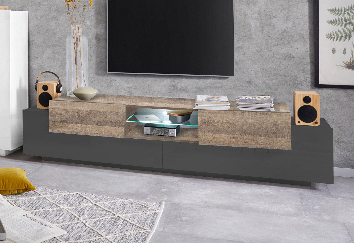 Mobile Tv 4 Ante e Ripiano a Giorno 220x45x51,5 cm Coro Grigio Antracite Opaco/Rovere Wotan  