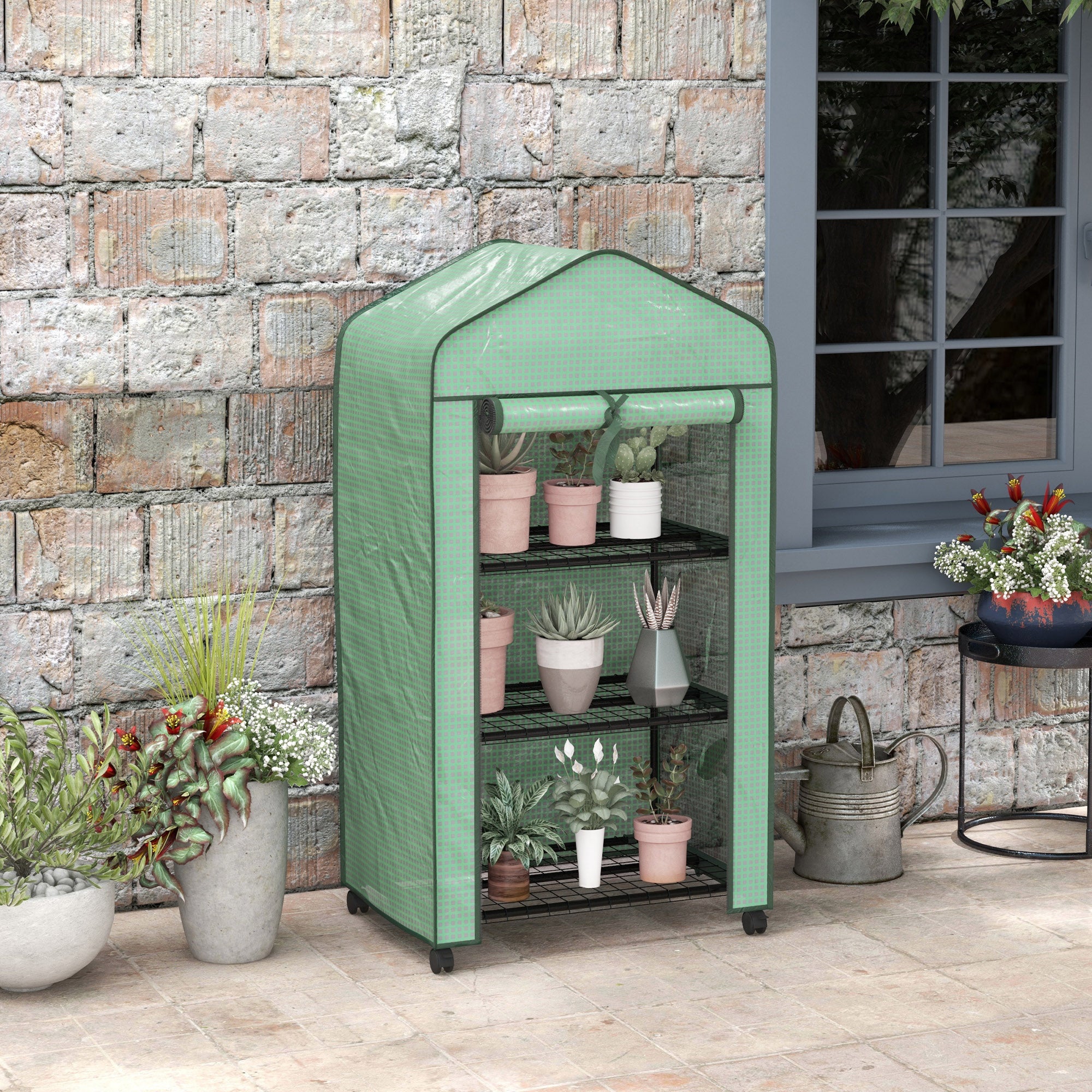 Mini Serra da Giardino con Copertura in PE 69x49x130cm 3 Ripiani e Ruote Verde...