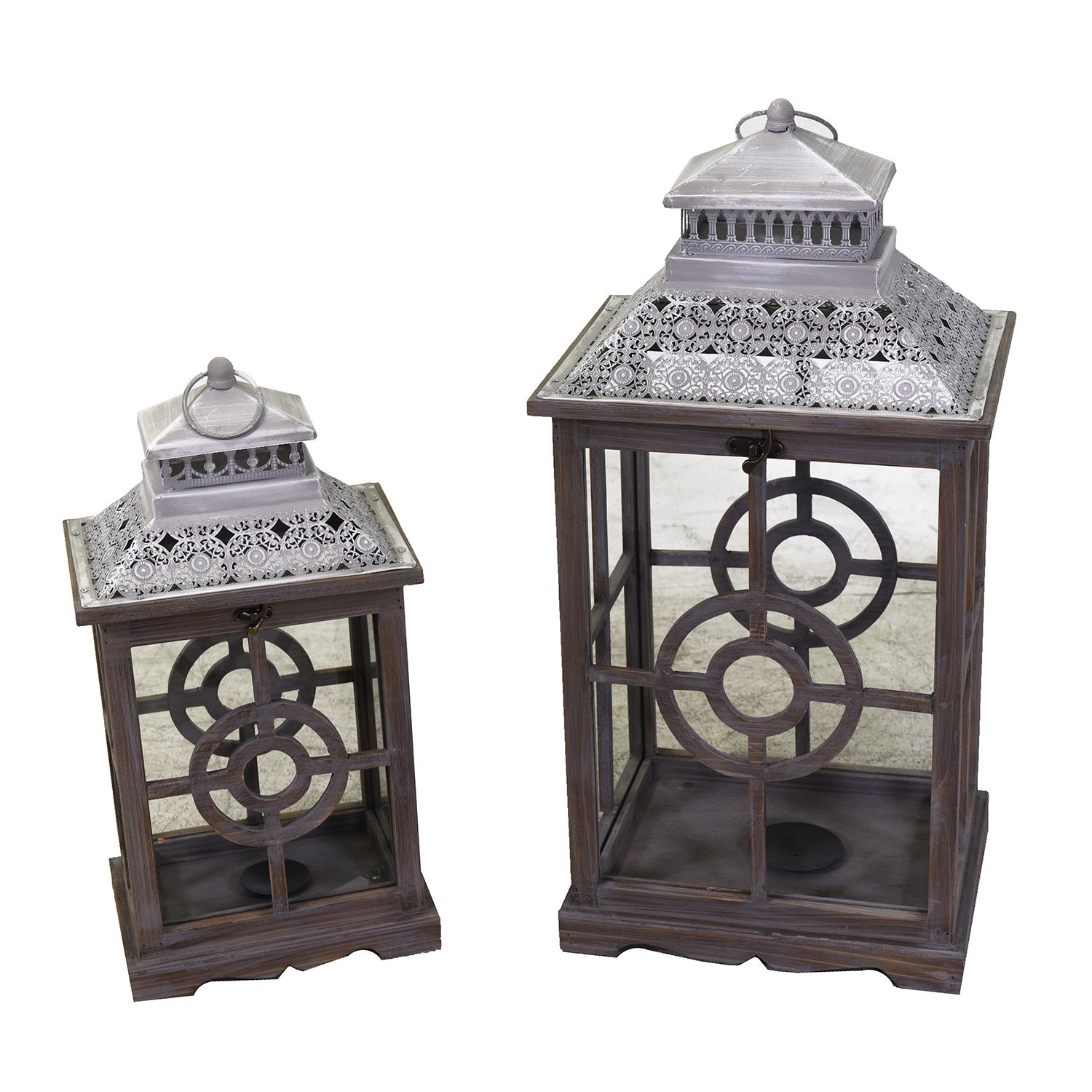 Image of Set 2 Lanterne in Legno in Metallo grigio chiaro rettangolare