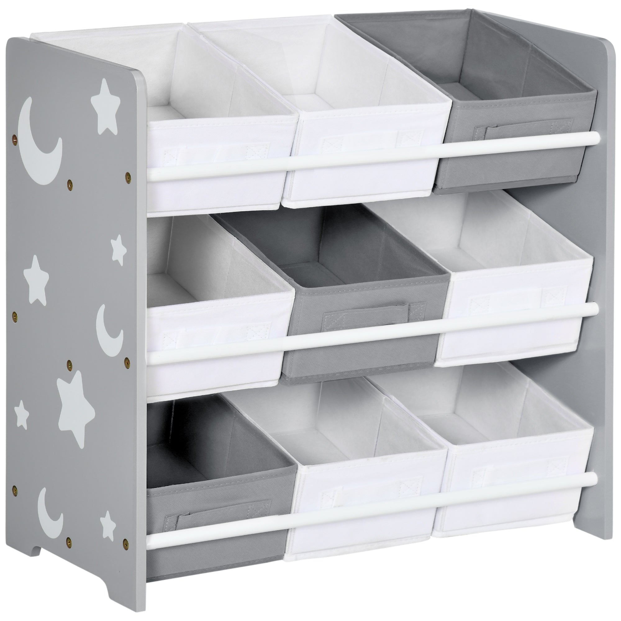 Image of Mobiletto Portagiochi 63x30x60 cm 9 Cestini Rimovibili in MDF e Tessuto Grigio e Bianco