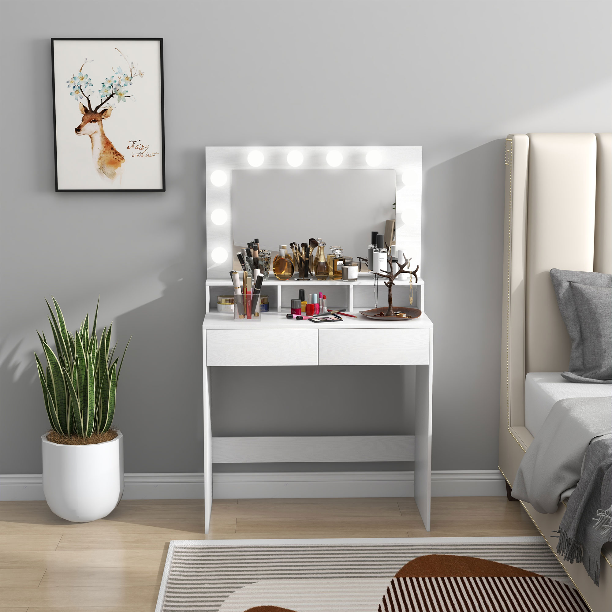 Consolle Trucco con Specchio e 10 Luci LED Stile Hollywood 80x40x135 cm in Melamina Bianco...