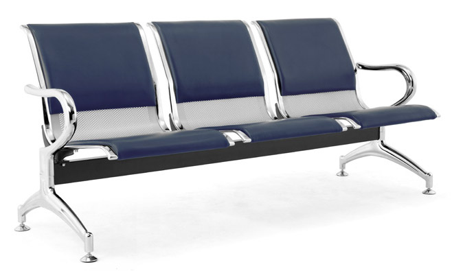 Image of Panca per Sala Attesa 3 Posti da Ufficio con Cuscino in Acciaio e Similpelle Argento/Blu Navy