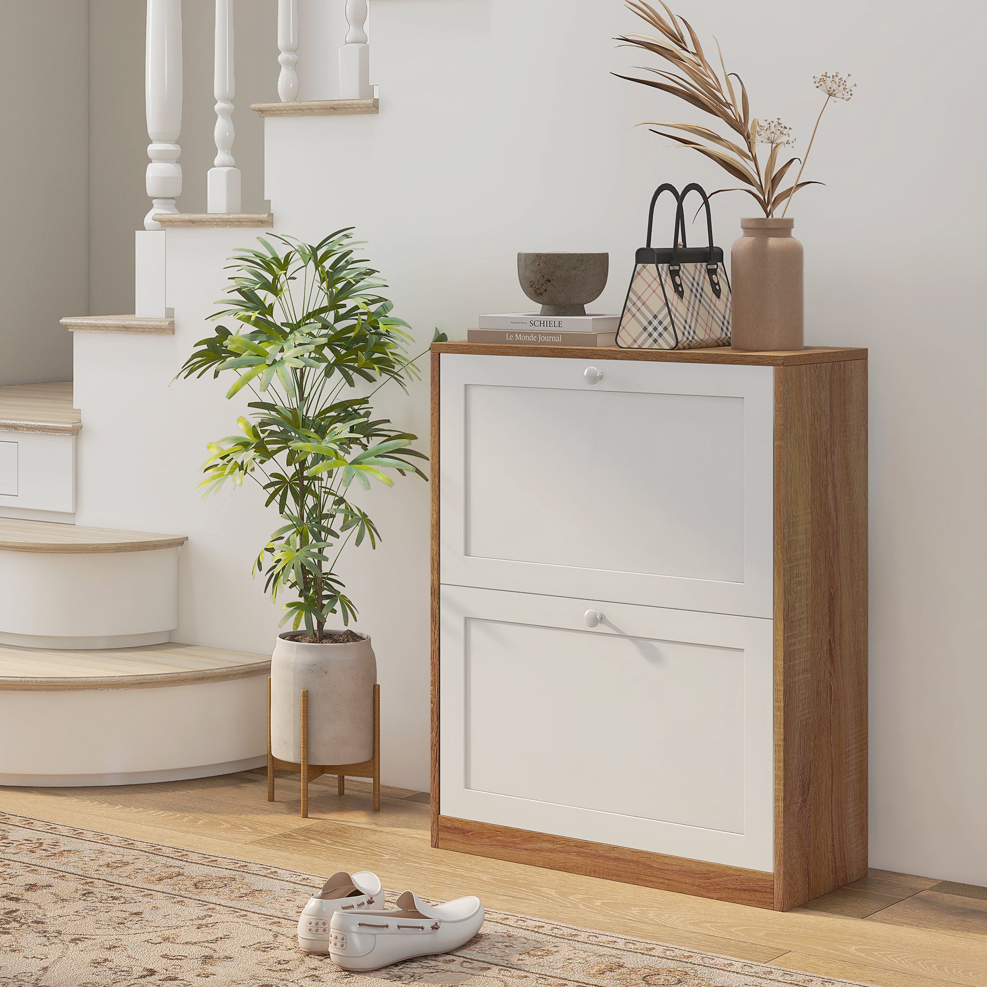 Scarpiera 2 Ante 12 Paia 60x24,5x75,5 cm in Truciolato e MDF Bianco e Rovere...