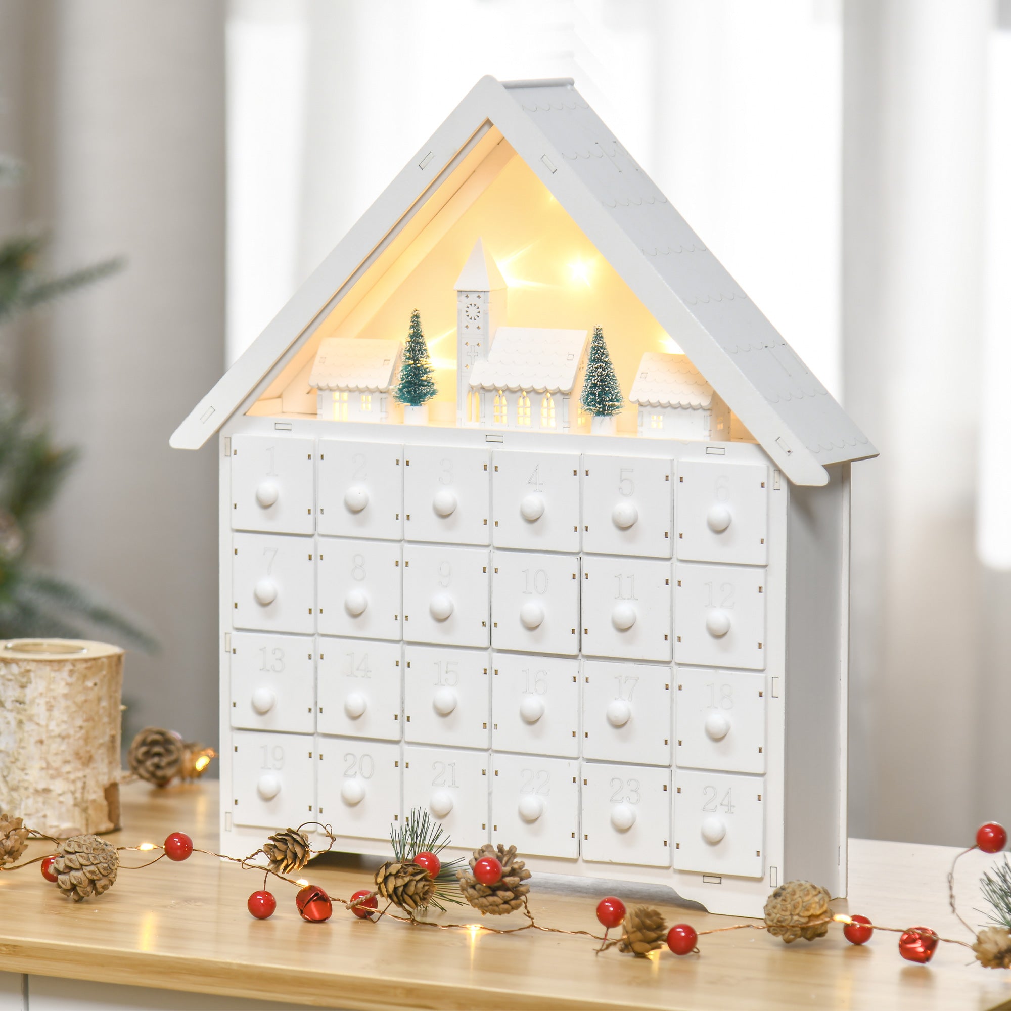 Calendario dell'Avvento 39x9x42 cm 24 Cassetti Villaggio di Natale con Alberi e Luci Bianco...