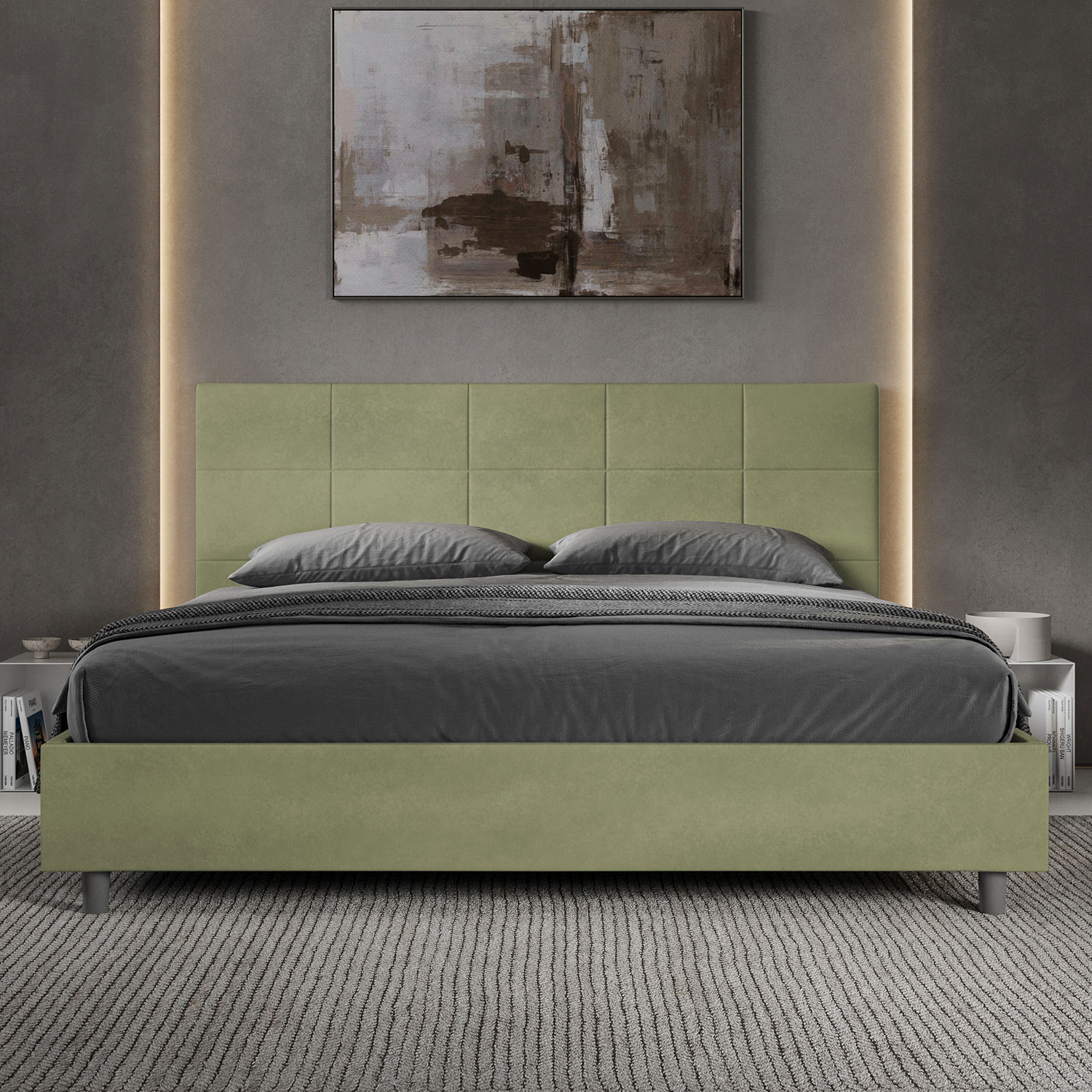 Letto Matrimoniale King Size 180x200 cm Senza Rete Imbottito in Microfibra Mika Tè Verde...