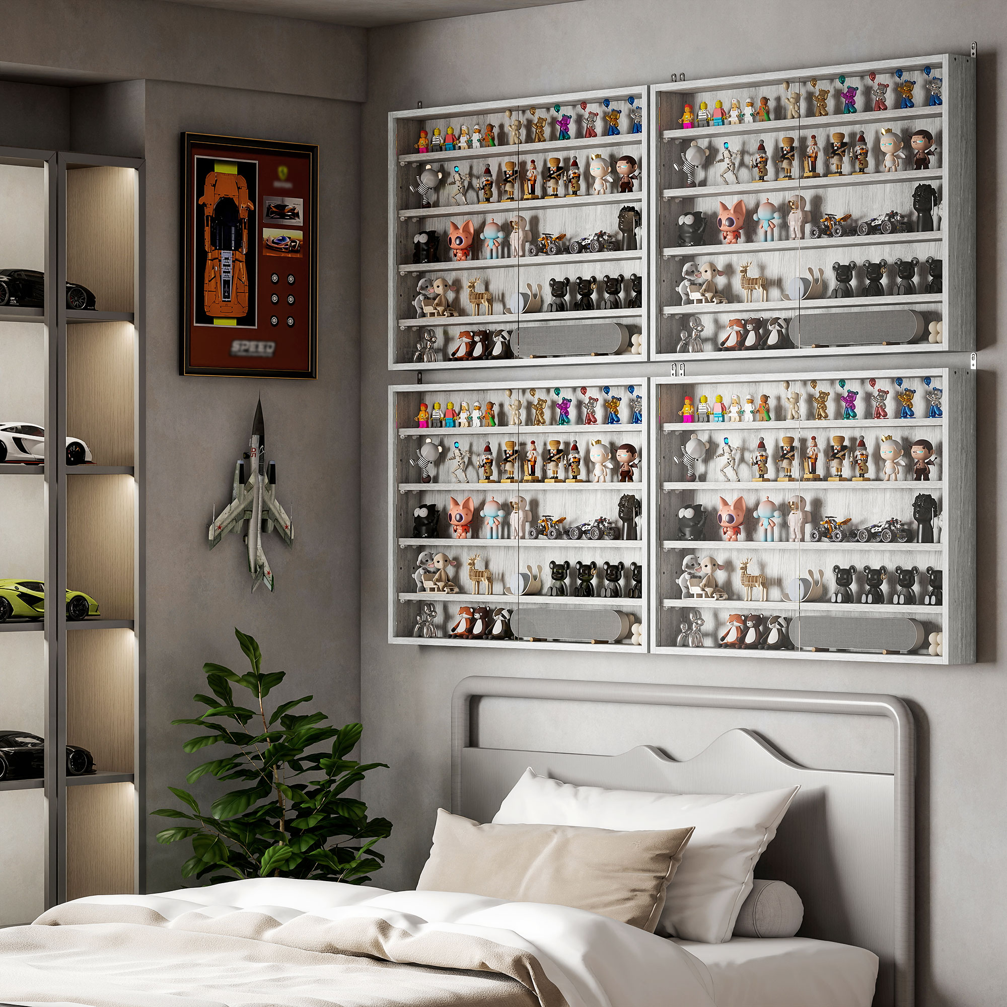 Vetrina per Collezionismo 80x9,5x60 cm a 4 Ripiani Regolabili in Legno con Ante in Vetro Grigio...