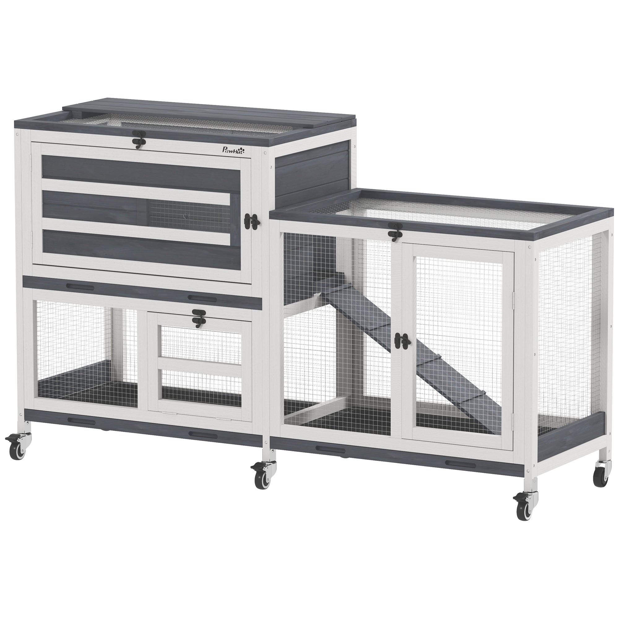 Conigliera a 2 Livelli 147x45x89,5 cm con Rampa e 3 Vassoi in Legno di Abete e Acciaio Grigio e Bianco