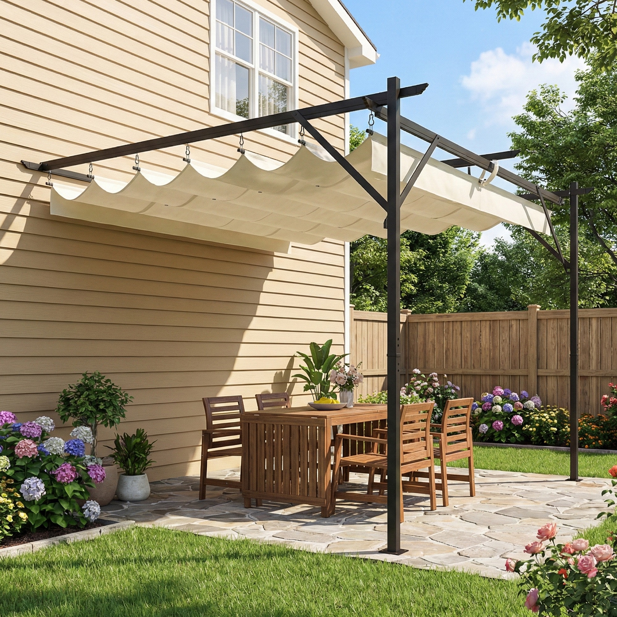 Pergola Addossata 3x3 m con Tetto Scorrevole e Fori di Drenaggio Crema...