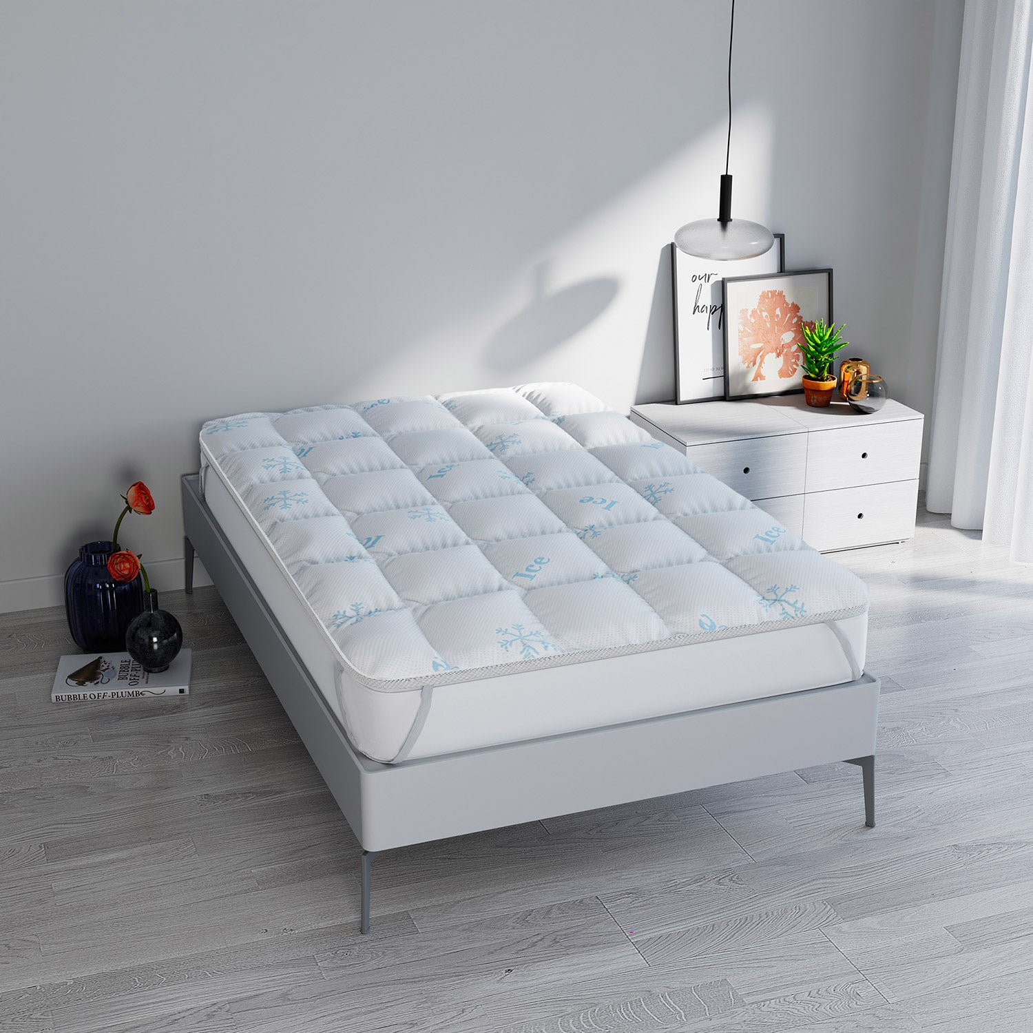 Topper Double Face 1 Piazza e Mezzo Trapuntato 300 gr/mq con Elastici Ice Refrigerante Bianco...