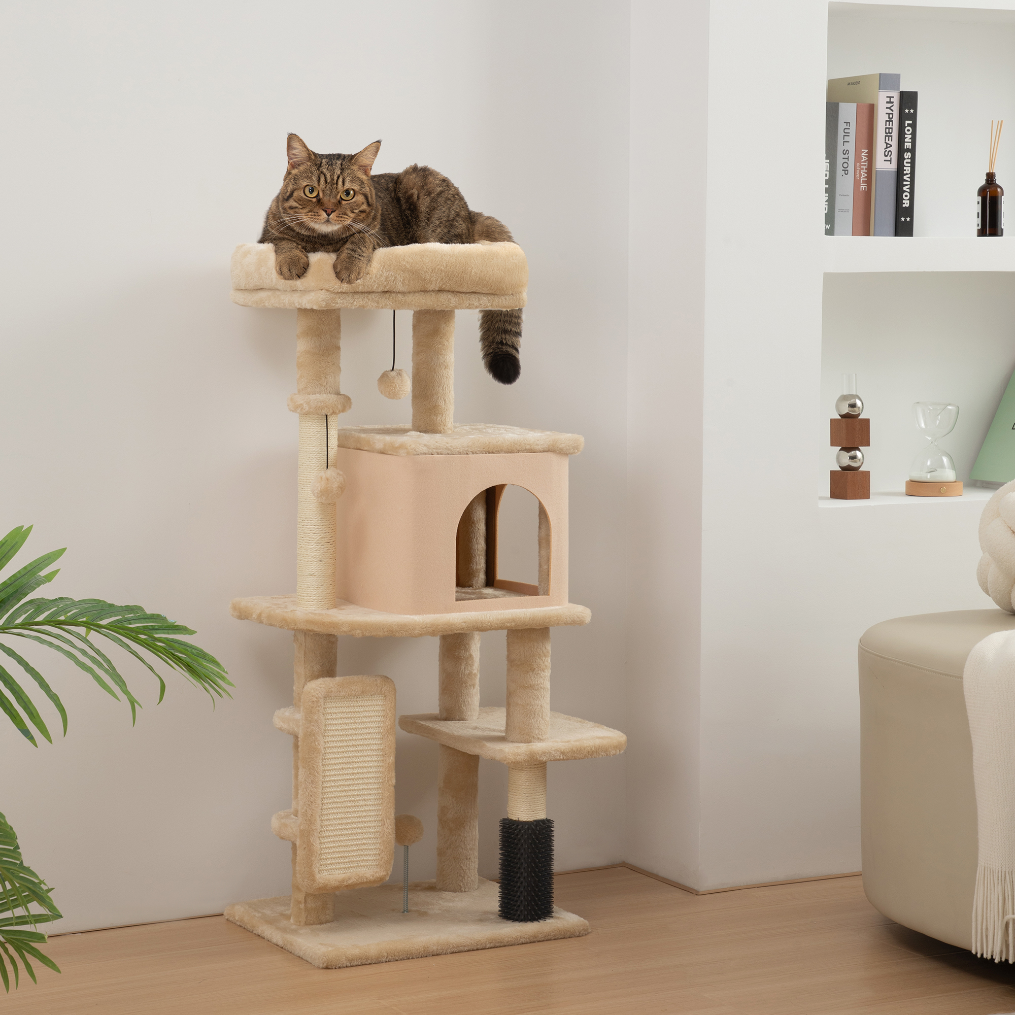 Albero per Gatti Multilivello Alto 104 cm con Casetta Lettino Pali Tiragraffi Spazzola e Pallina Beige...