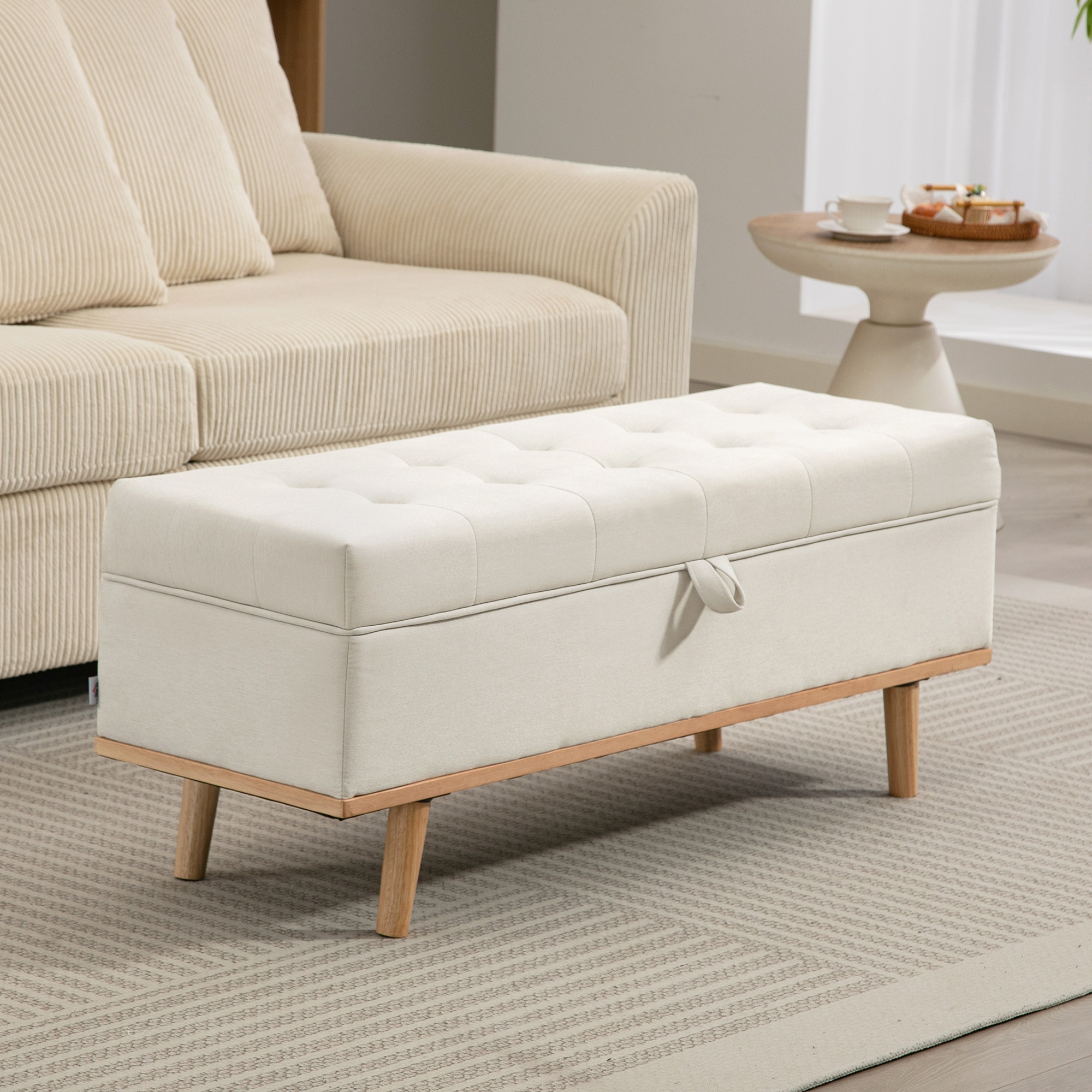 Panca Contenitore 118x42x45 cm da 80L Imbottita con Rivestimento in Tessuto e Gambe in Legno Crema...