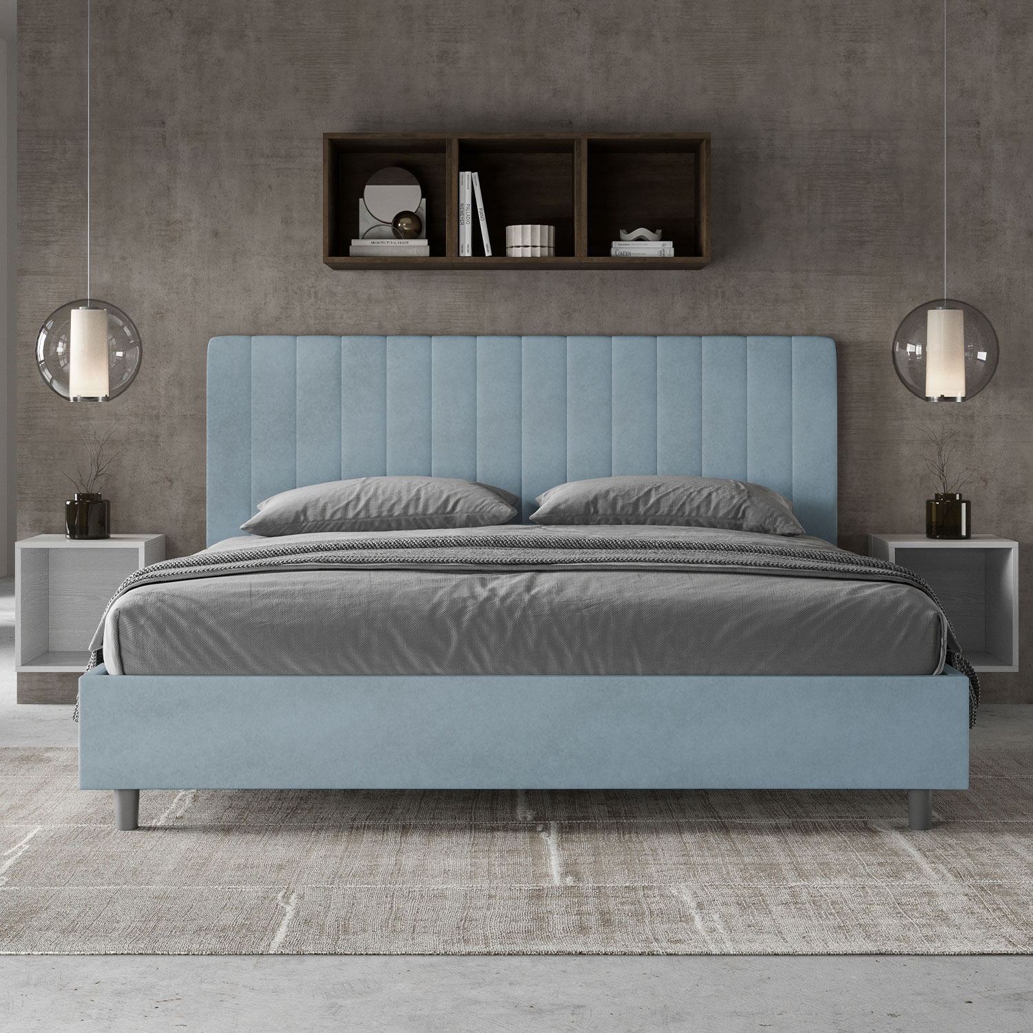 Letto Matrimoniale King Size 180x200 cm Senza Rete Imbottito in Microfibra Agueda Azzurro...