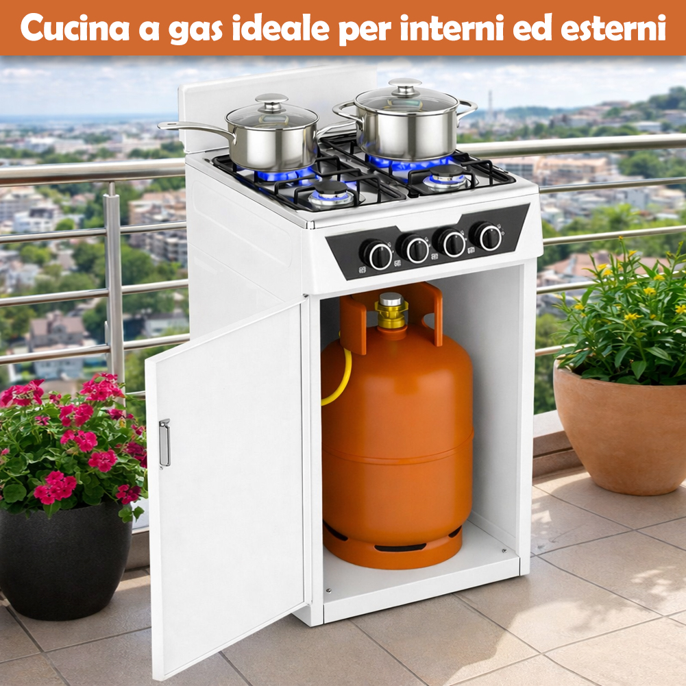 Cucina a Gas 48,5x45,5x 65,5 cm con Piano Cottura 4 Fuochi da Esterno con Vano Portabombola Bianco...