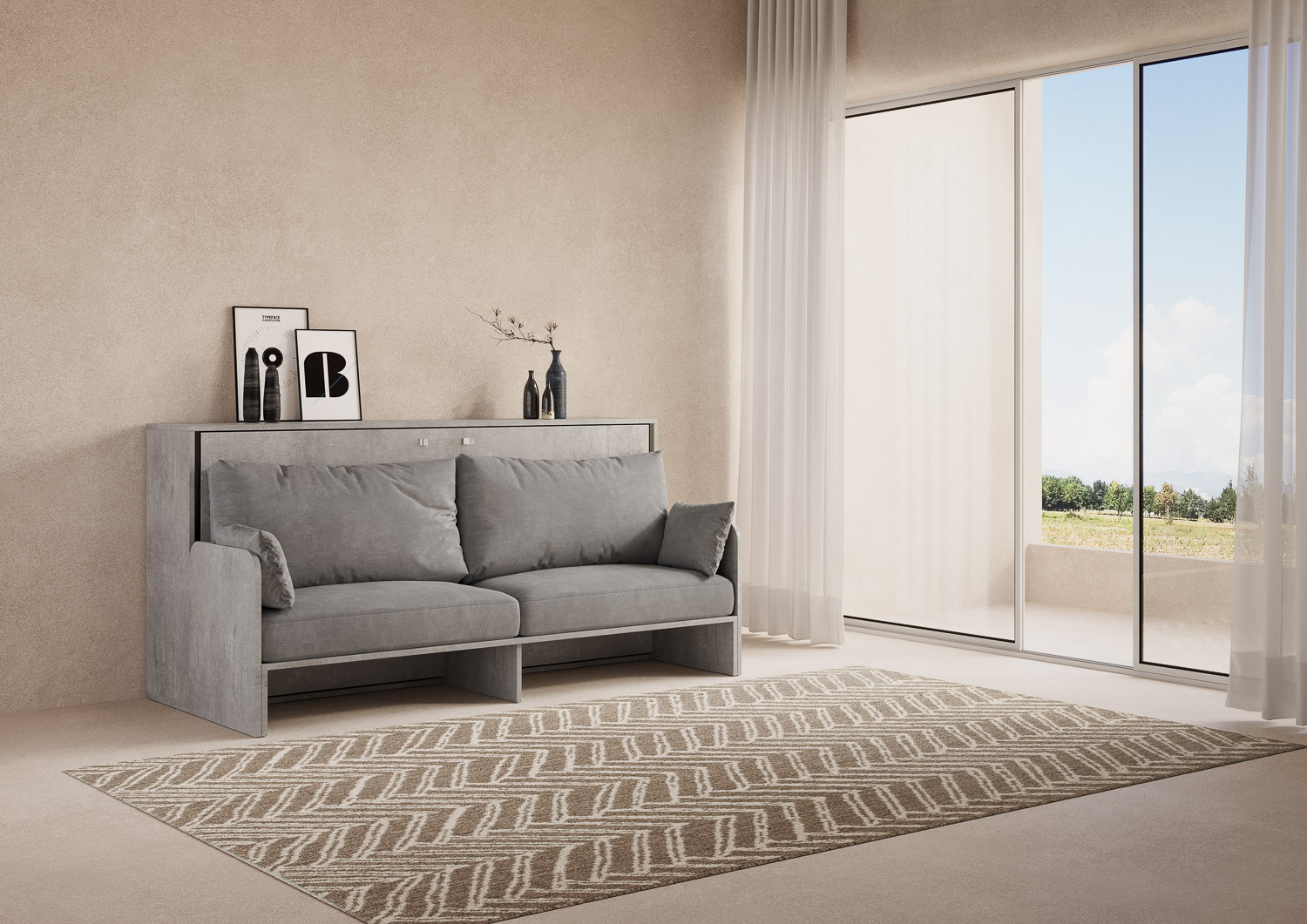 Letto Singolo A Scomparsa Kando Con Divano Con Materasso Cemento e Grigio...