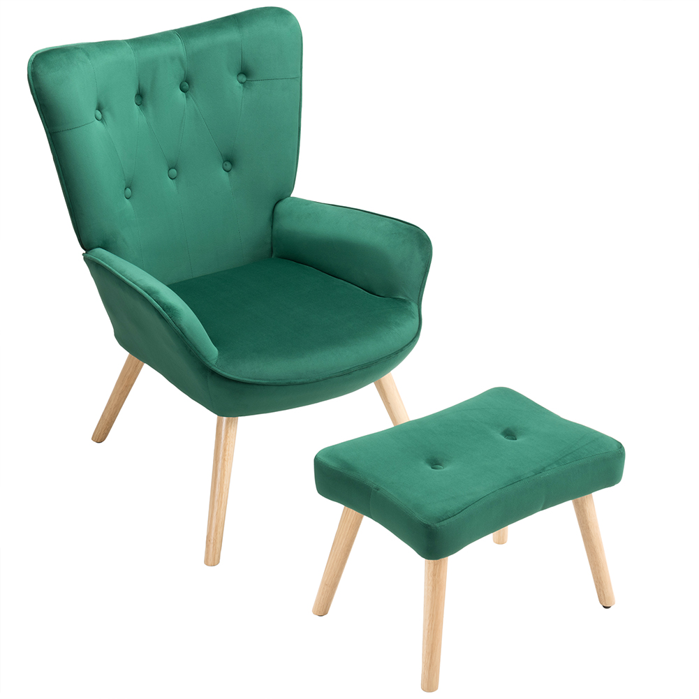 Poltrona Stile Scandinavo con Schienale Alto e Poggiapiedi In Velluto e Gambe in Legno Verde...