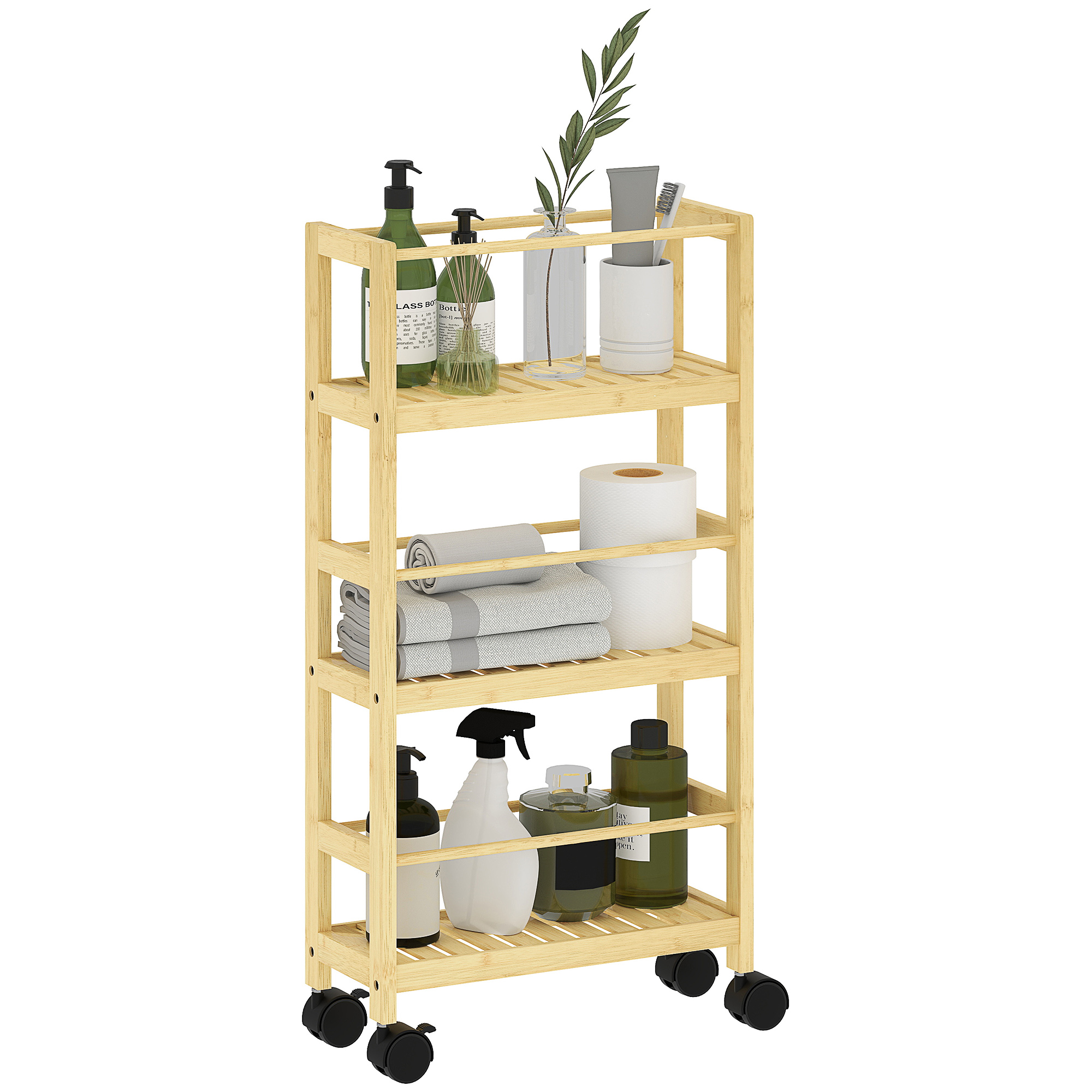 Scaffale Bagno a 3 Livelli 36x15x73 cm con Ruote in Legno di Bambù
