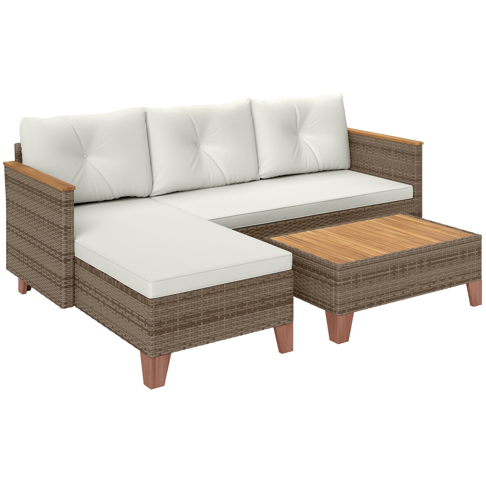 Set Salotto da Giardino Divano 2 Posti con Chaise Longue e Tavolino in Rattan PE Crema