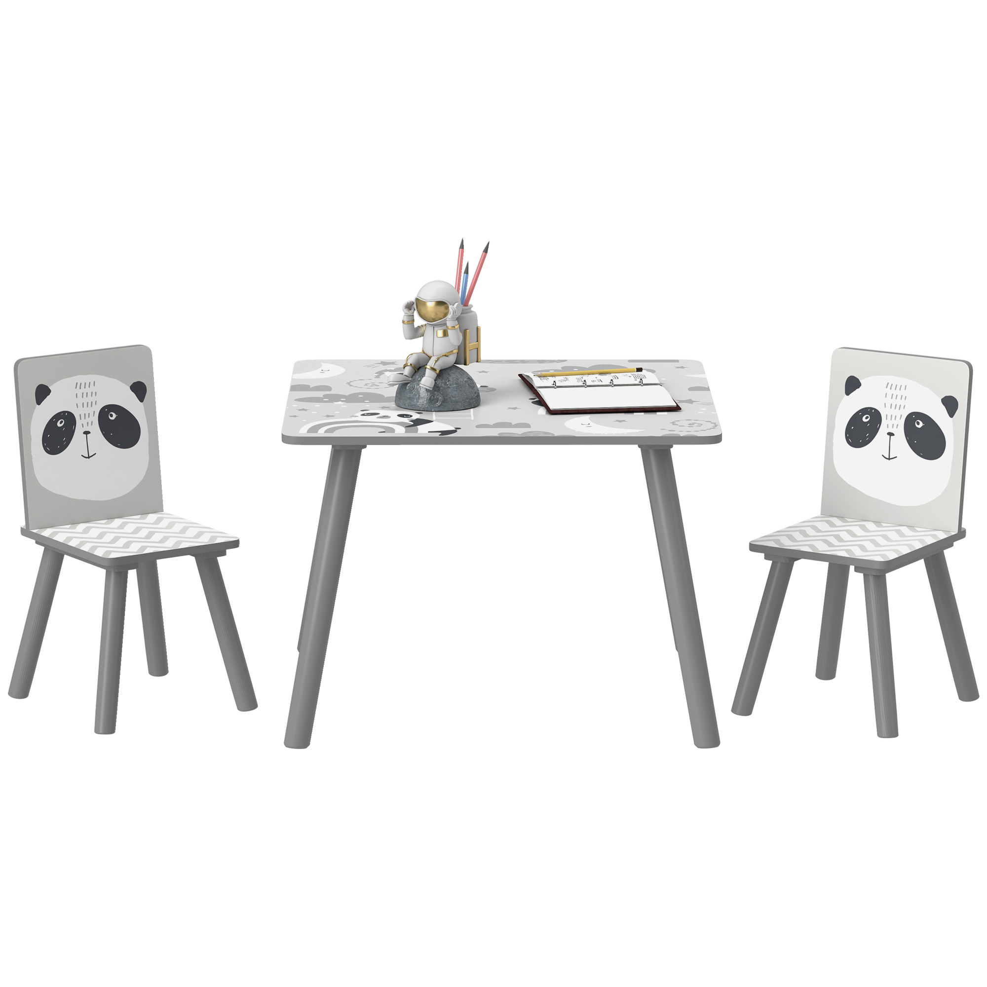 Set Tavolino e 2 Sedie per Bambini Panda in MDF e Legno di Pino Grigio