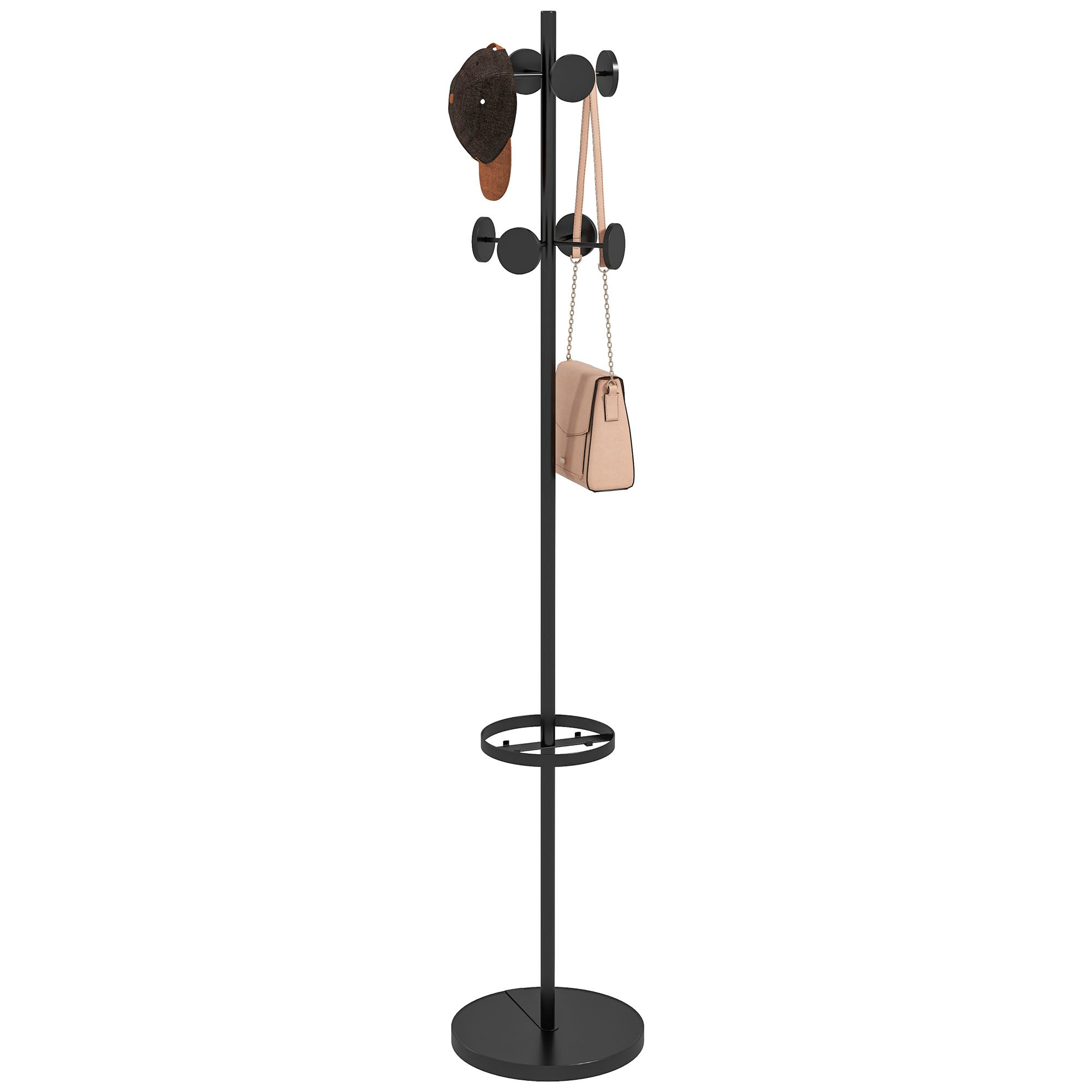 Appendiabiti da Terra Ø34x177 cm con Portaombrelli e 8 Ganci in Metallo Nero