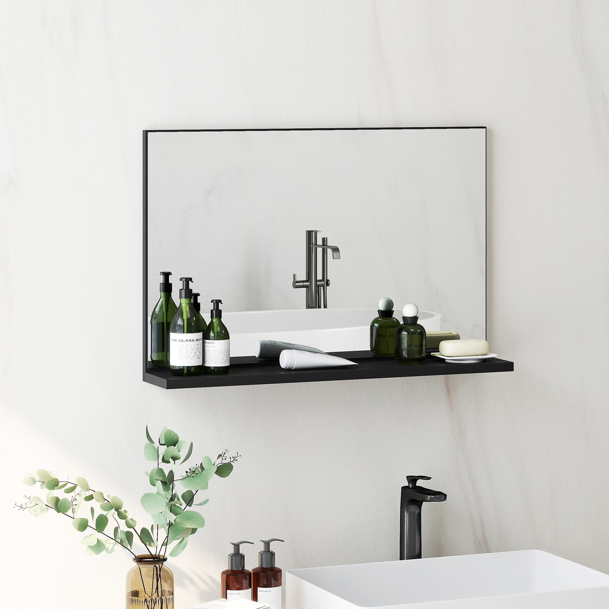 Specchio Bagno da Parete 60x12x40 cm con Mensola in Truciolato Nero...