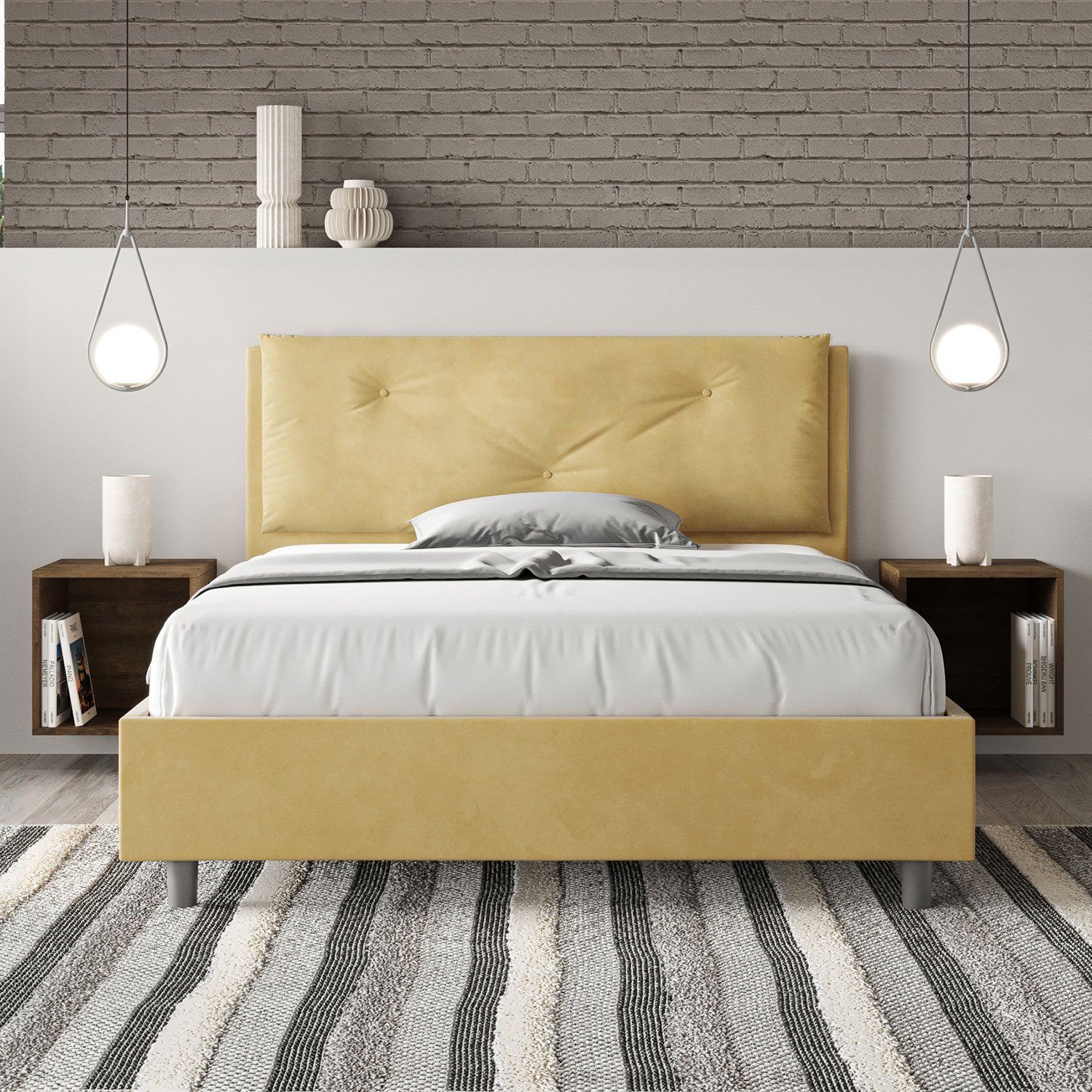 Letto Matrimoniale Francese 140x190 cm Senza Rete Imbottito in Microfibra Appia Large Ocra...