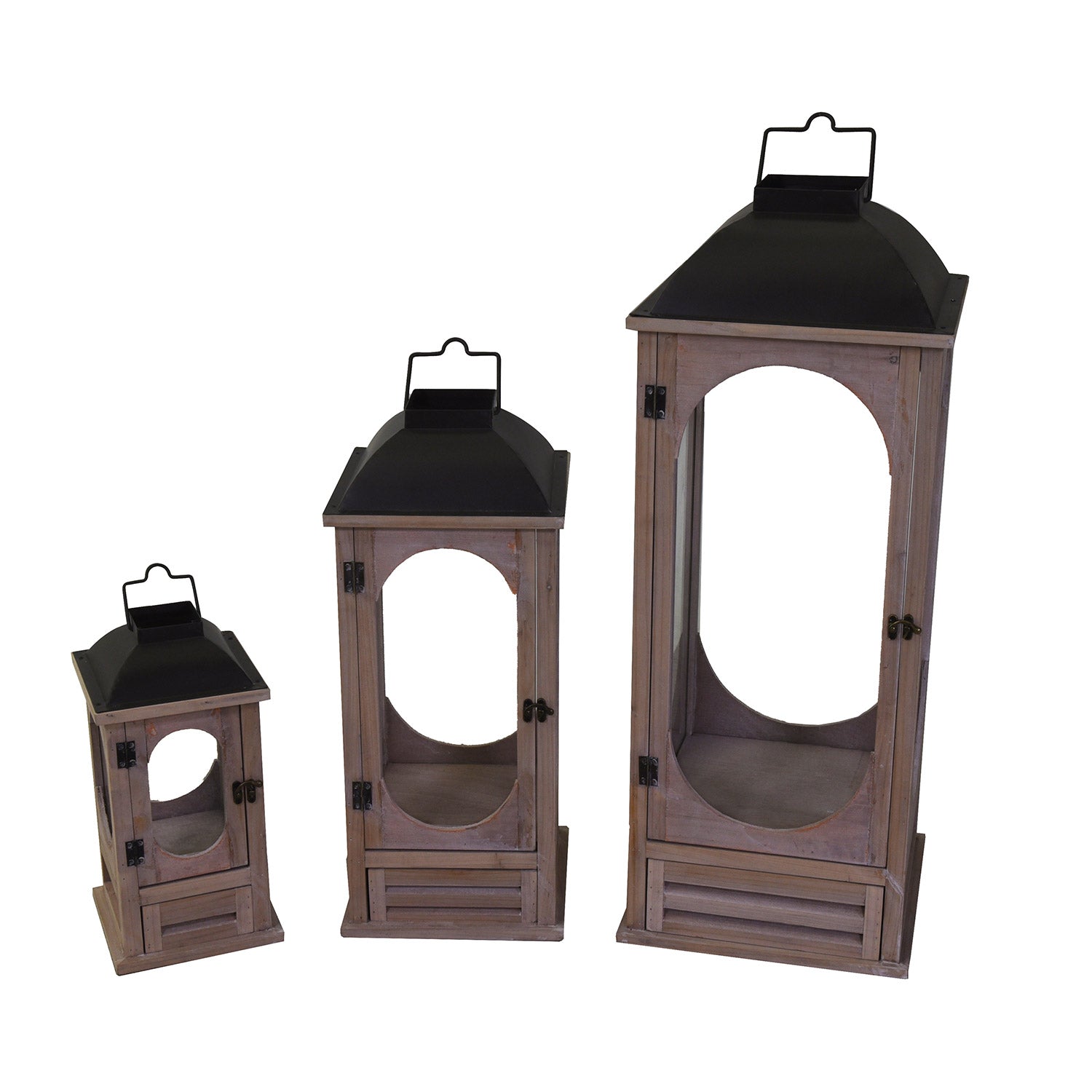 Image of Set 3 Lanterne in Legno in Metallo naturale grigio c/cassetto quadro