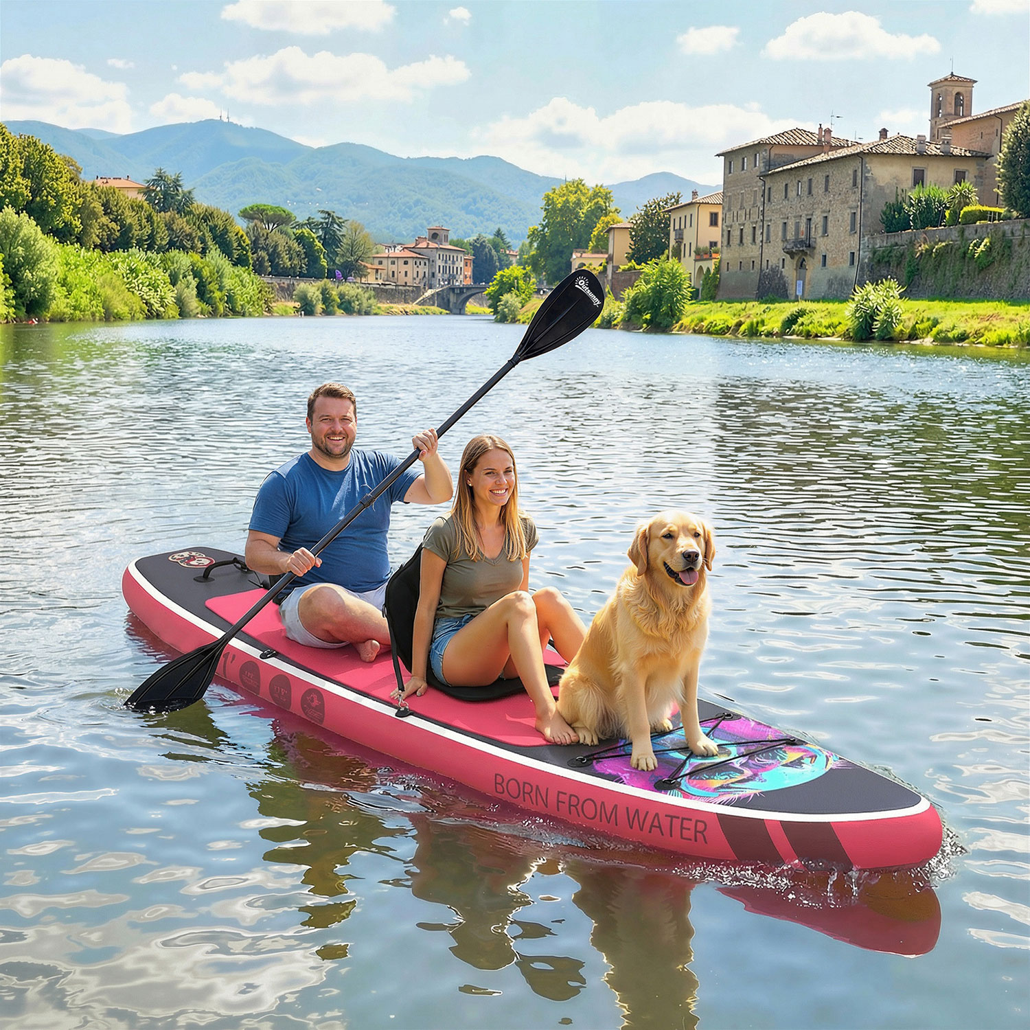 Tavola Sup Gonfiabile 335x82x15 cm con Sedile Pagaia e Accessori in Plastica ed EVA Blu e Rosa...