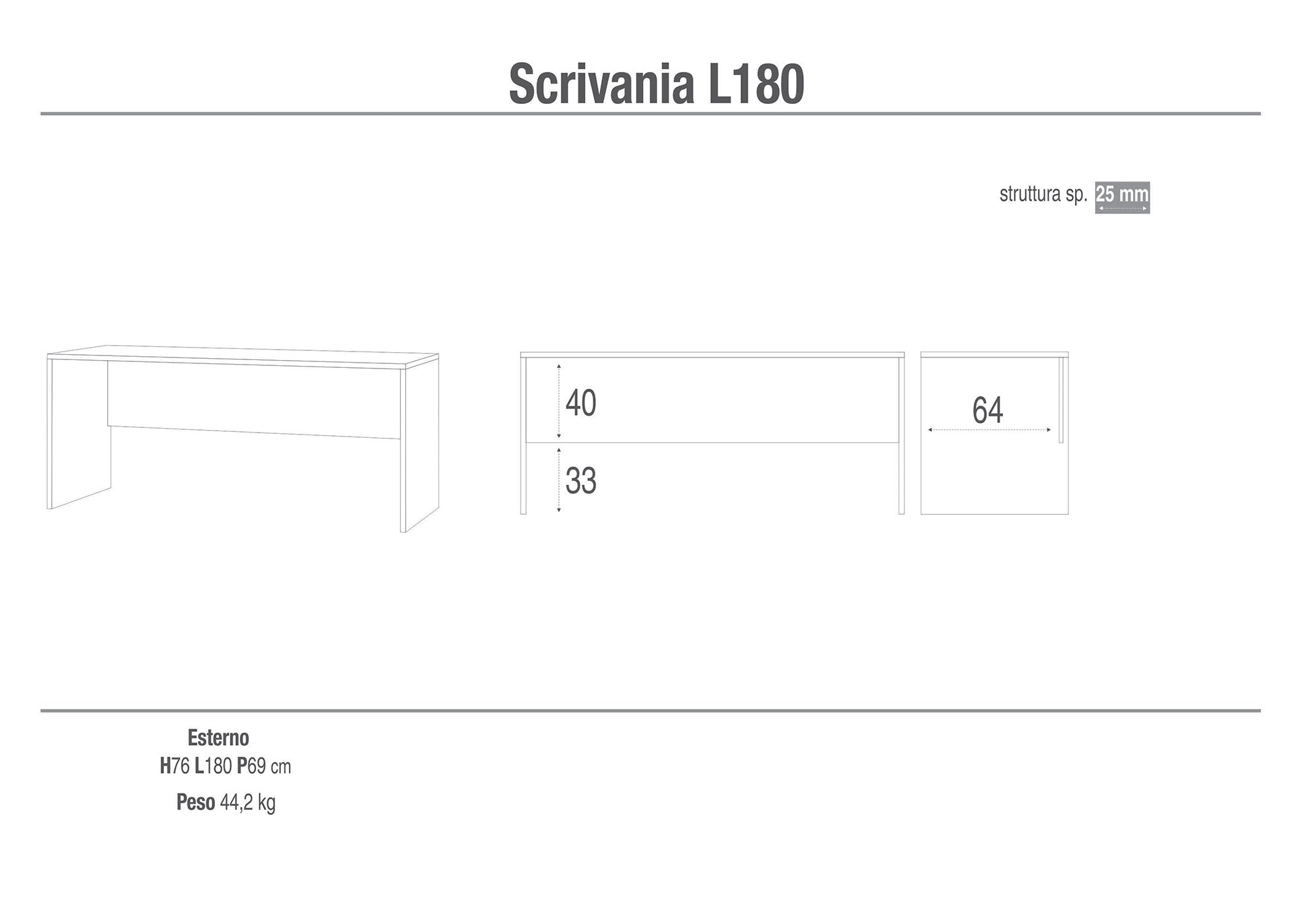 Scrivania 180x76x69 cm Cemento...