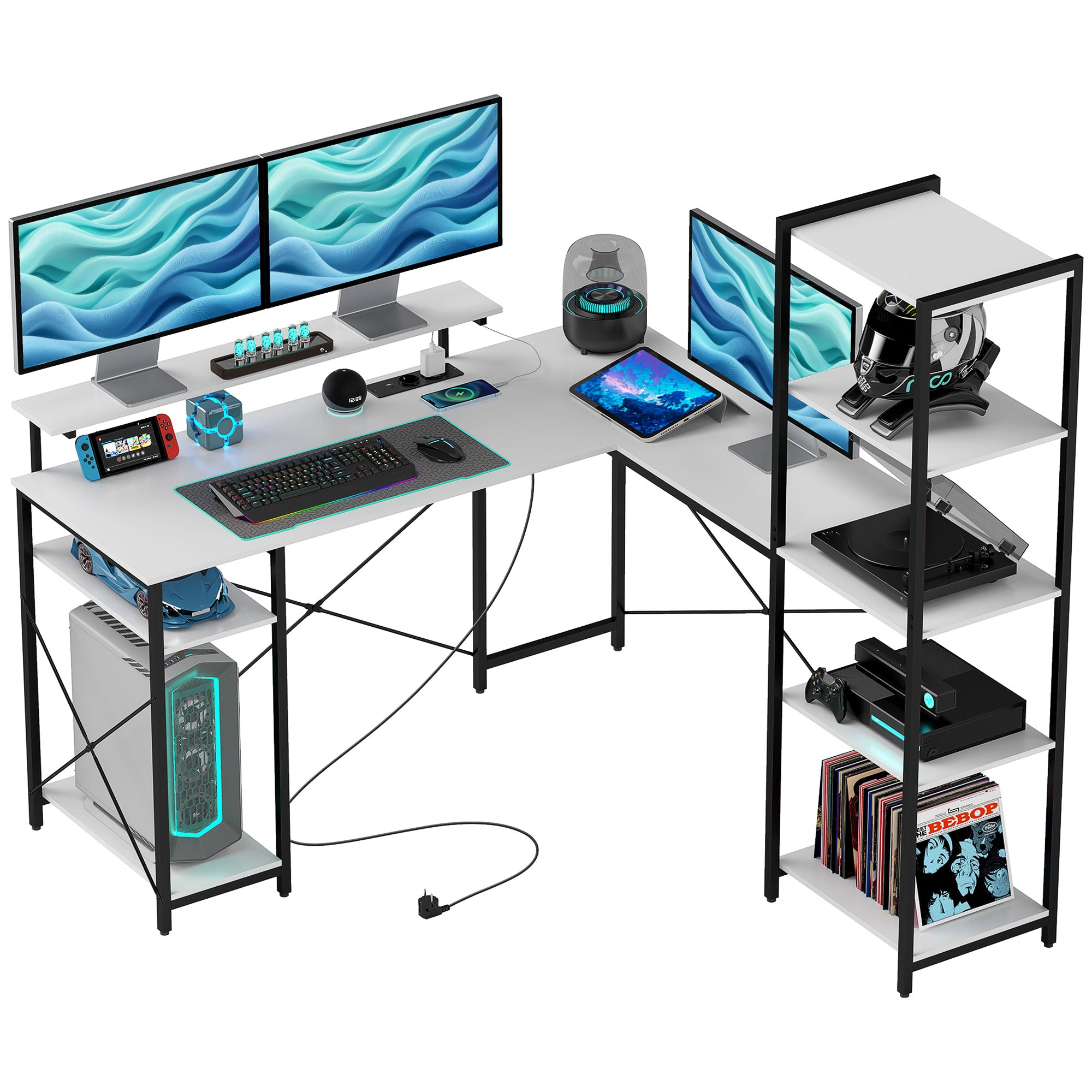 Scrivania Angolare 137x140x139,5 cm Supporto per Monitor Presa Elettrica e USB Bianco e Nero