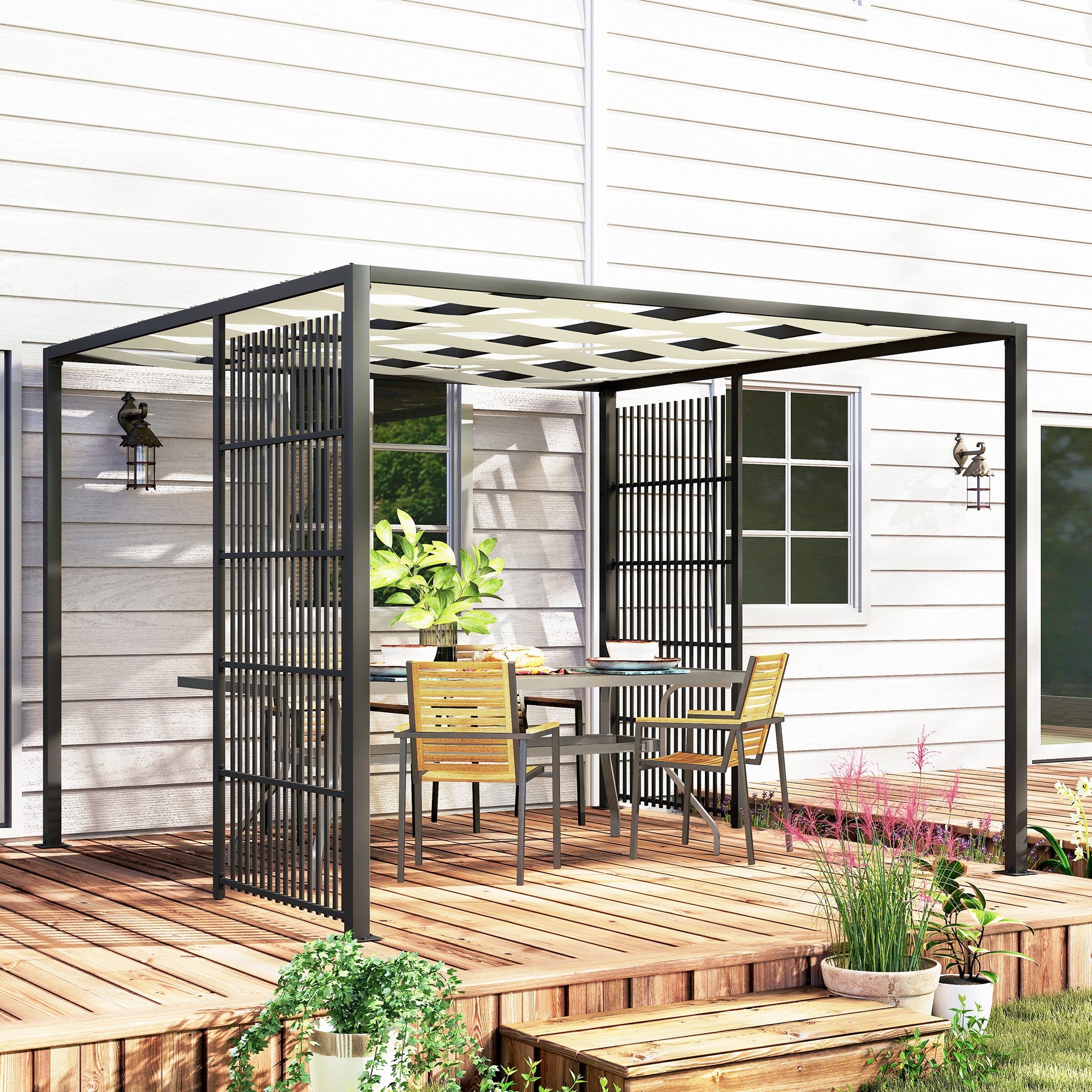 Pergola Gazebo da Giardino 295x295x210 cm Copertura Ondulata e Pannelli Laterali in Metallo Nero...