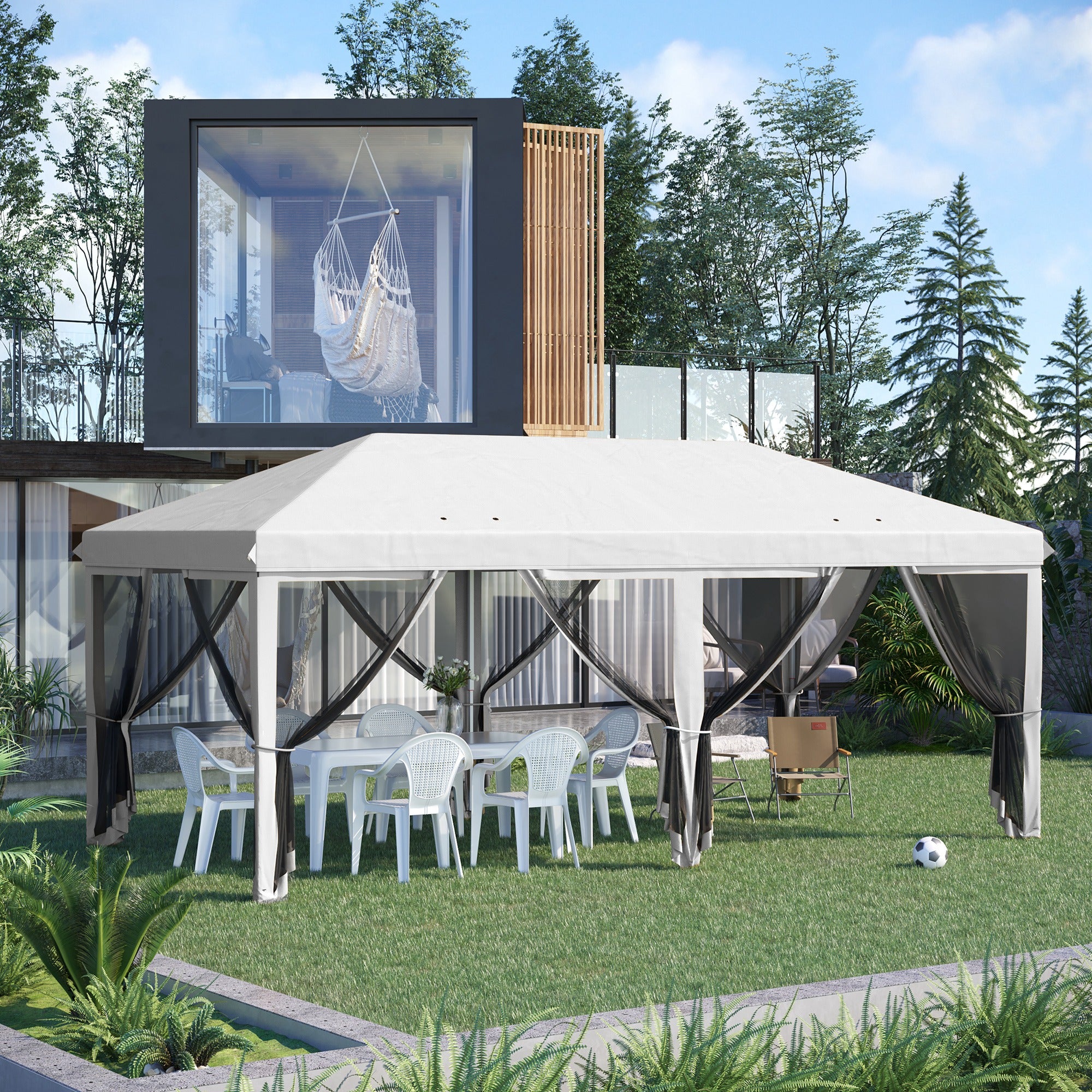 Gazebo da Giardino Pieghevole 585x295x270 cm con 6 Tende Zanzariere in Acciaio Bianco Crema...