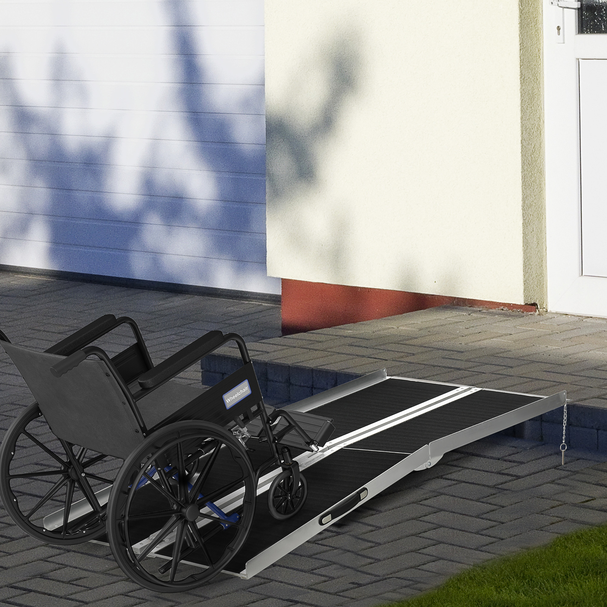 Rampa Pieghevole per Sedia a Rotelle 183x73.5 cm con Rivestimento Antiscivolo e Bordi di Sicurezza in Alluminio Nero...
