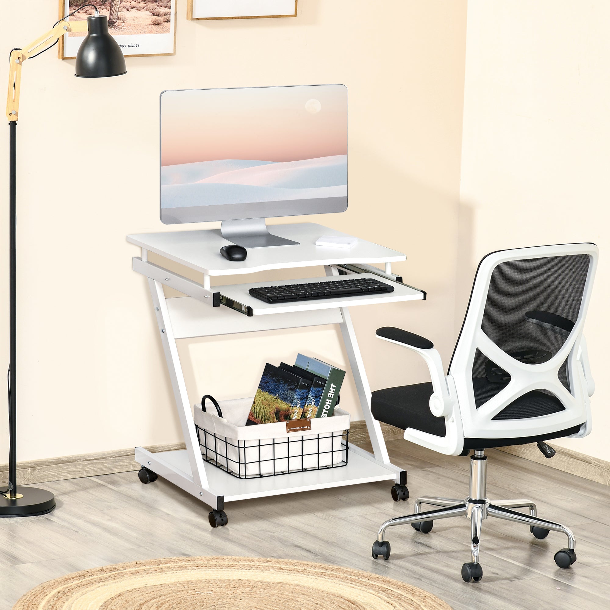 Scrivania Porta PC 60x48x73 cm con Ruote Bianca...