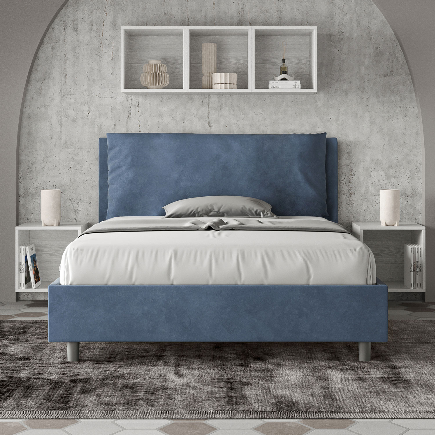 Letto Matrimoniale Francese 140x190 cm Senza Rete Imbottito in Microfibra Antea Large Blu...