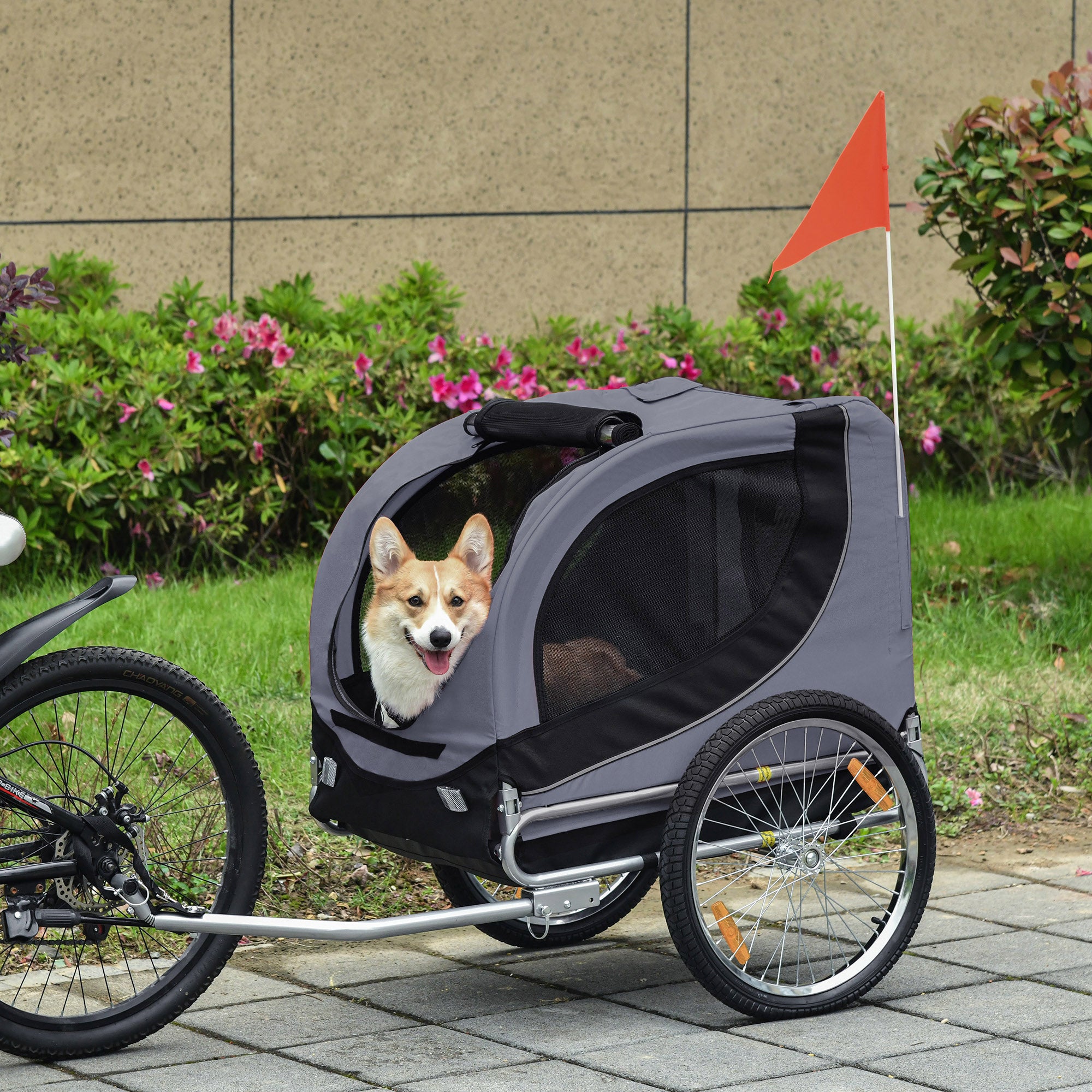Rimorchio Bici per Cani Taglia Media con Finestre Laterali e Bandierina 130x73x90 cm Grigio e Nero...