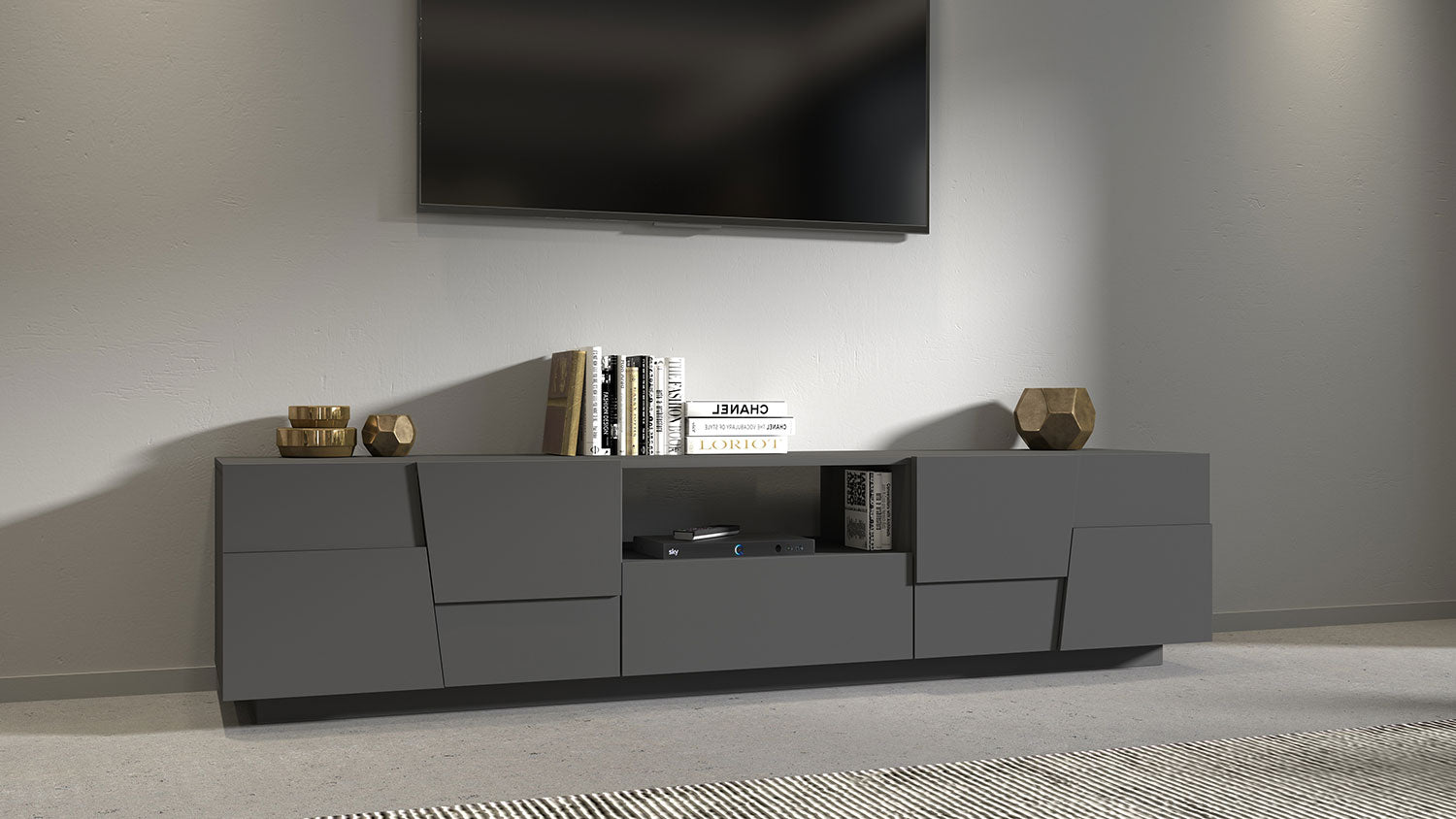 Mobile Tv 4 Anta 1 Cassetto e Ripiano a Giorno 220x44x46 cm Pongo 4A 1C Grigio Antracite Opaco  