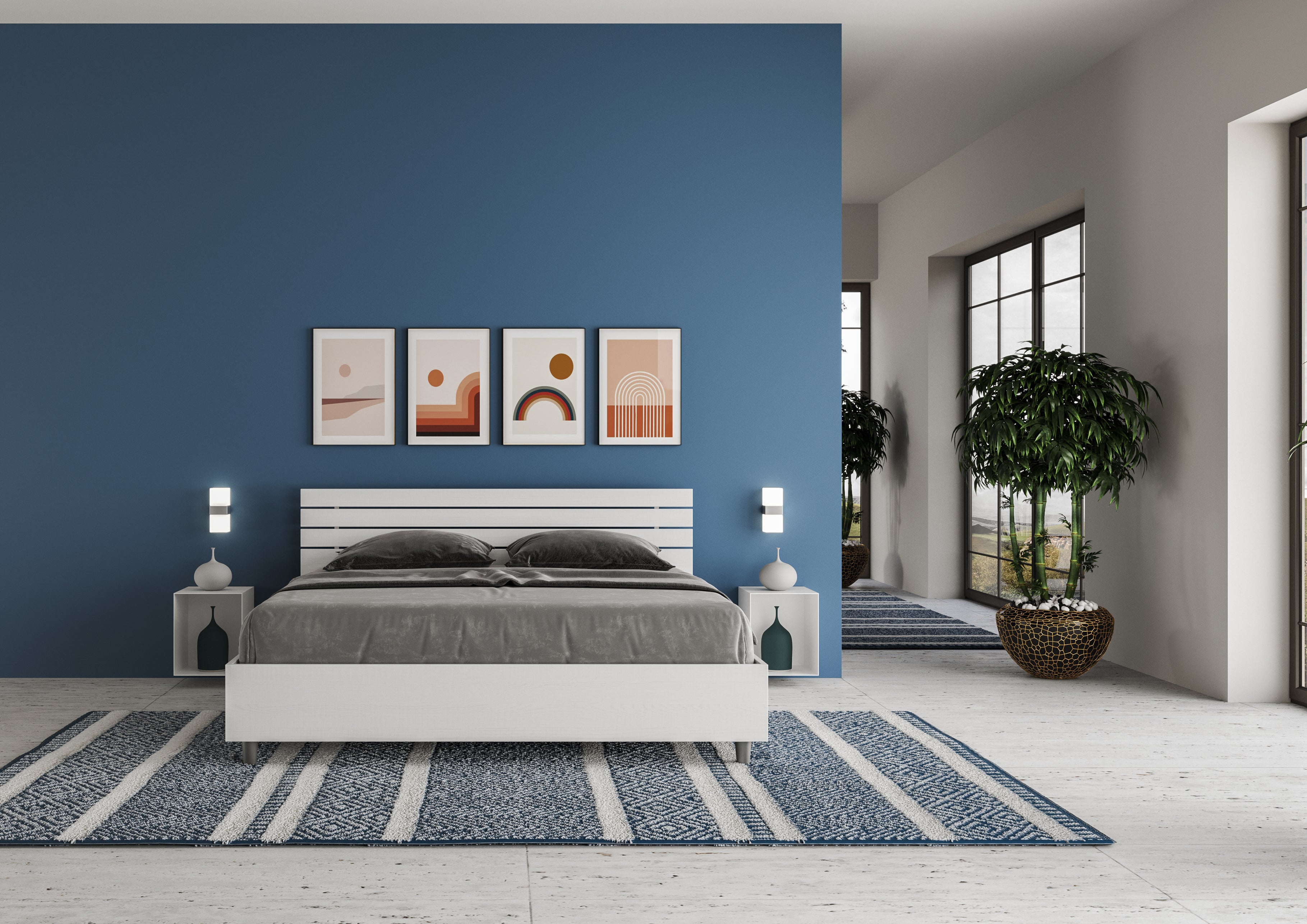 Letto Matrimoniale 160x200 cm Senza Rete Testata Doghe Inclinata Ankel Bianco Frassino...