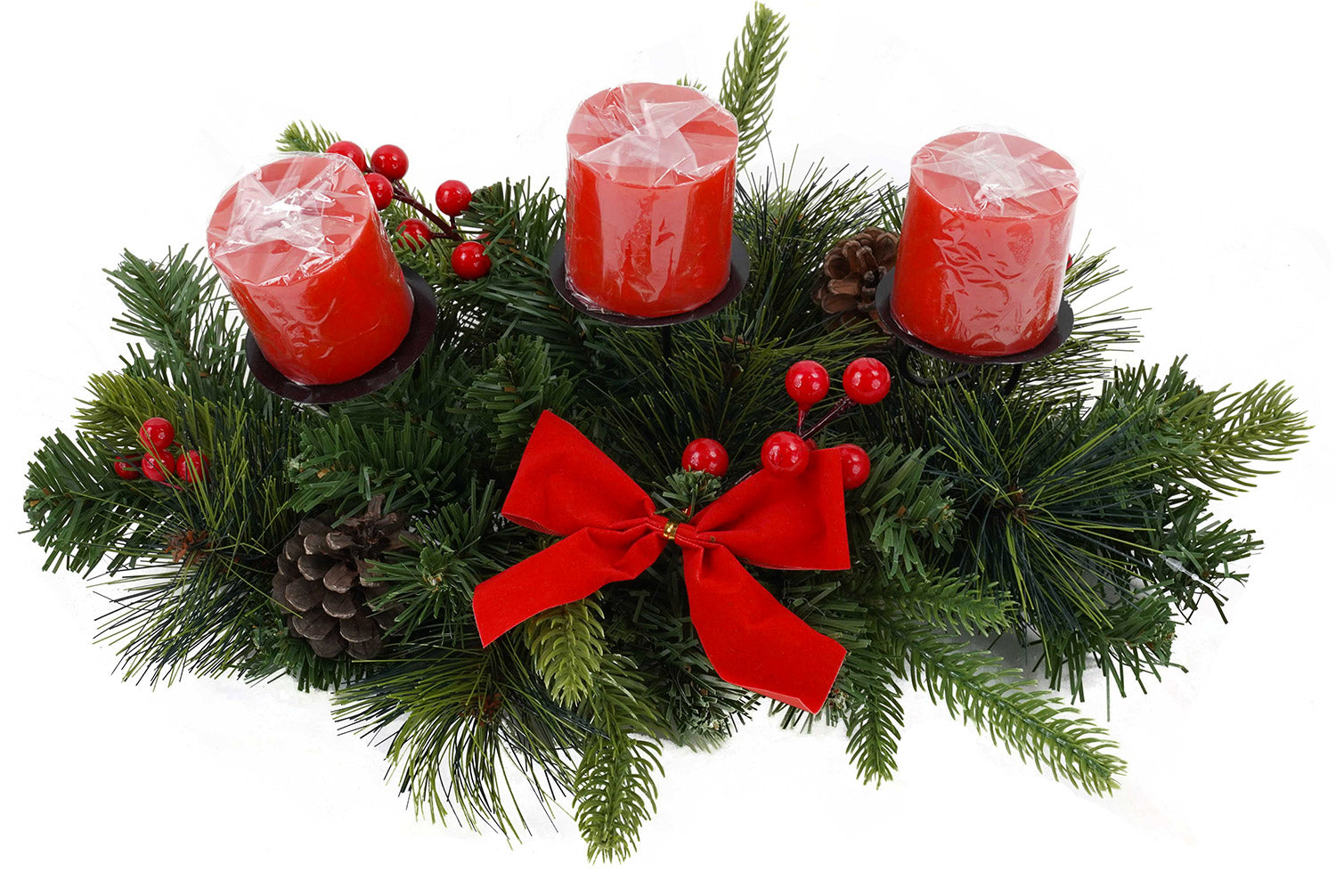 Portacandela 3 Candele con Fiocco Rosso Pigne e Bacche...