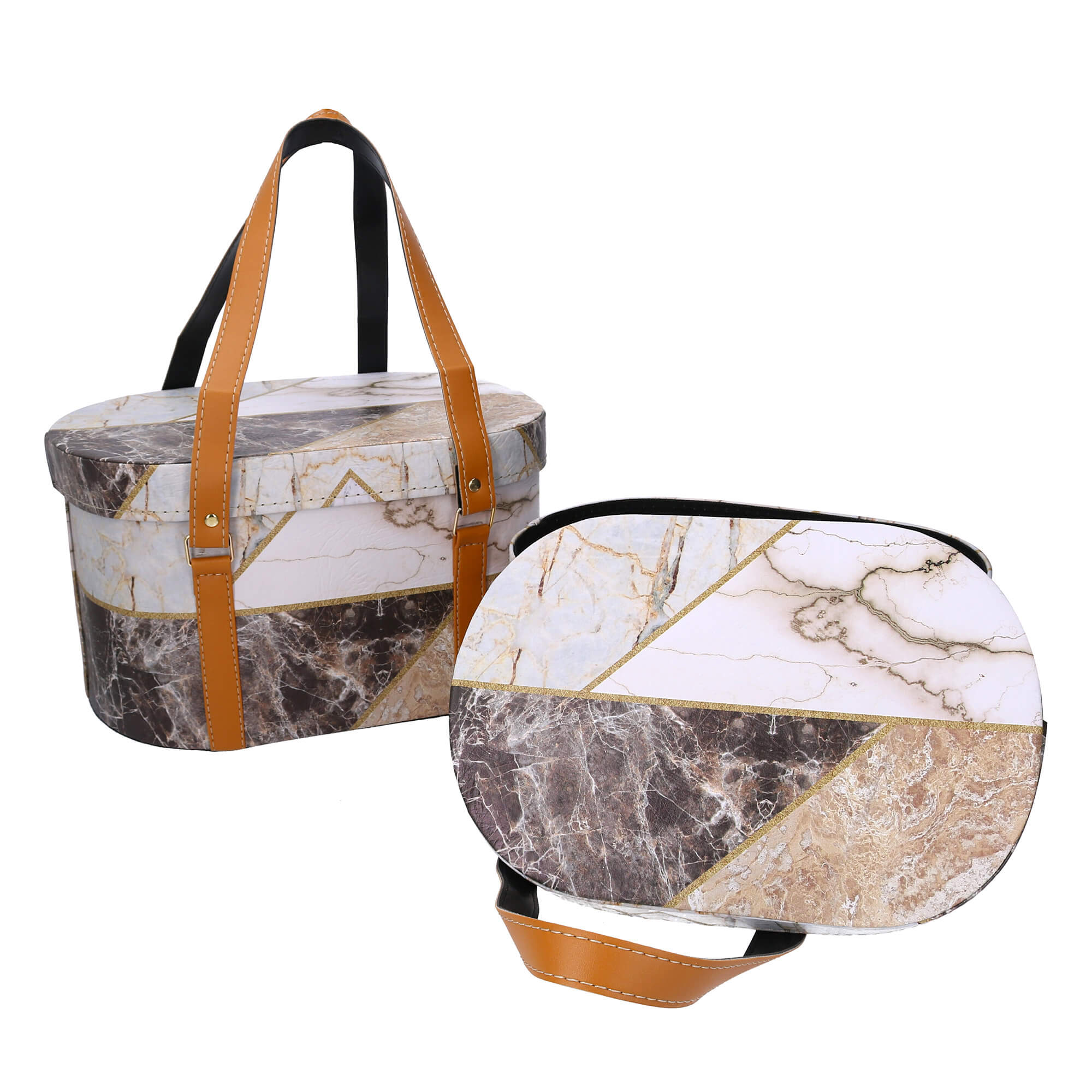 Image of Set 2 Scatole in Similpelle con manici marmo ovale