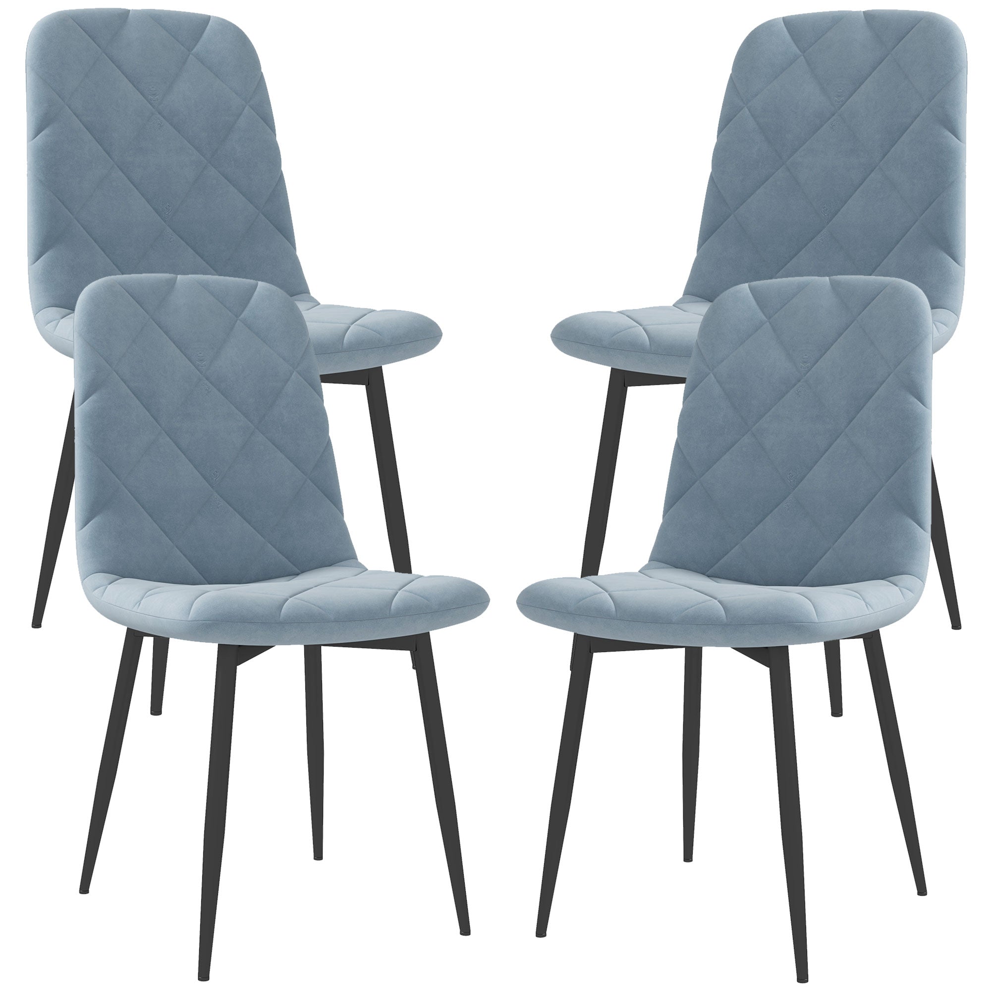Image of Set 4 Sedie per Cucina Imbottite 45x54x87 cm in Tessuto Effetto Velluto e Acciaio Azzurro