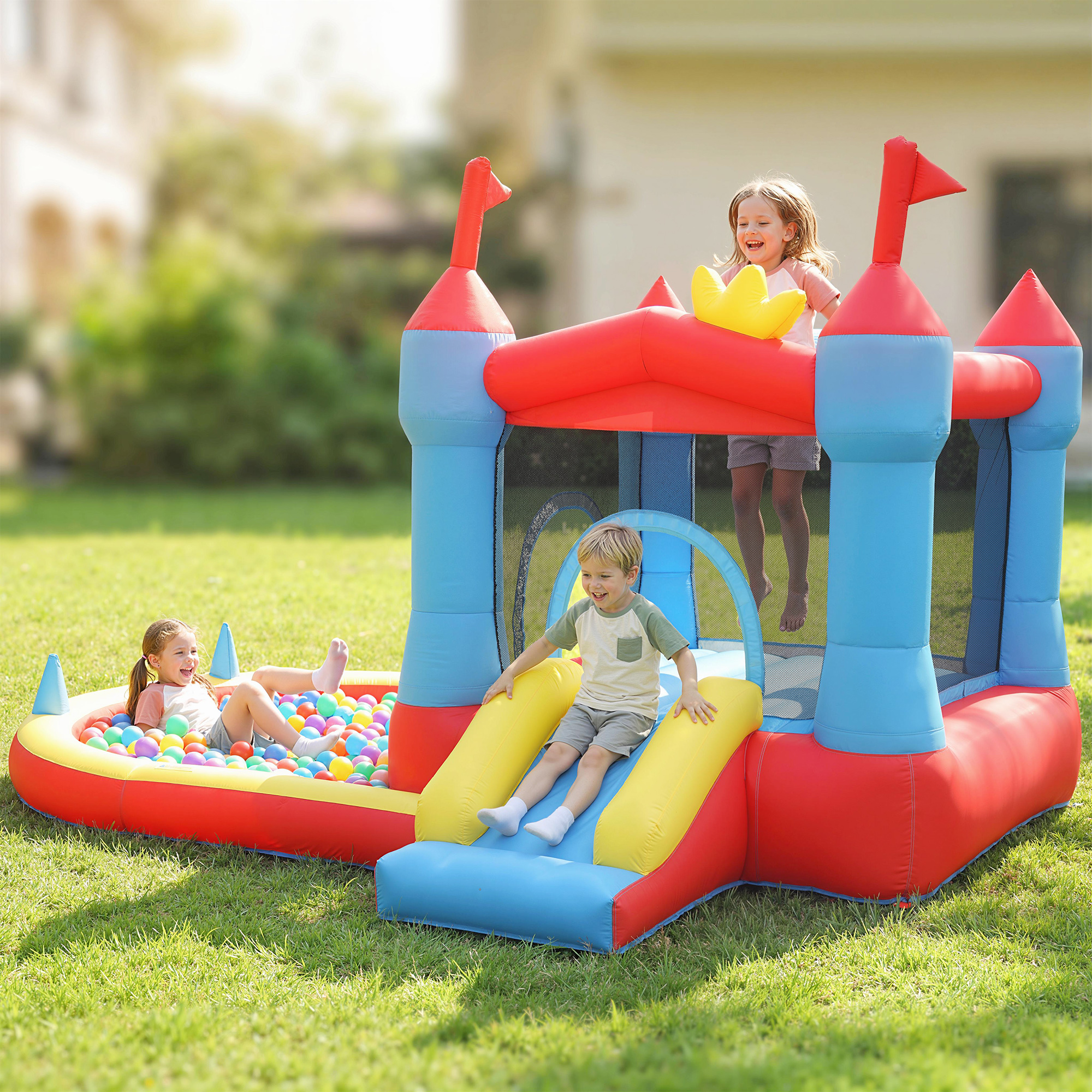 Castello Gonfiabile per Bambini 342x255x209 cm con Scivolo Piscina per Palline Canestro da Basket e Soffiatore in Tessuto Oxford Blu...