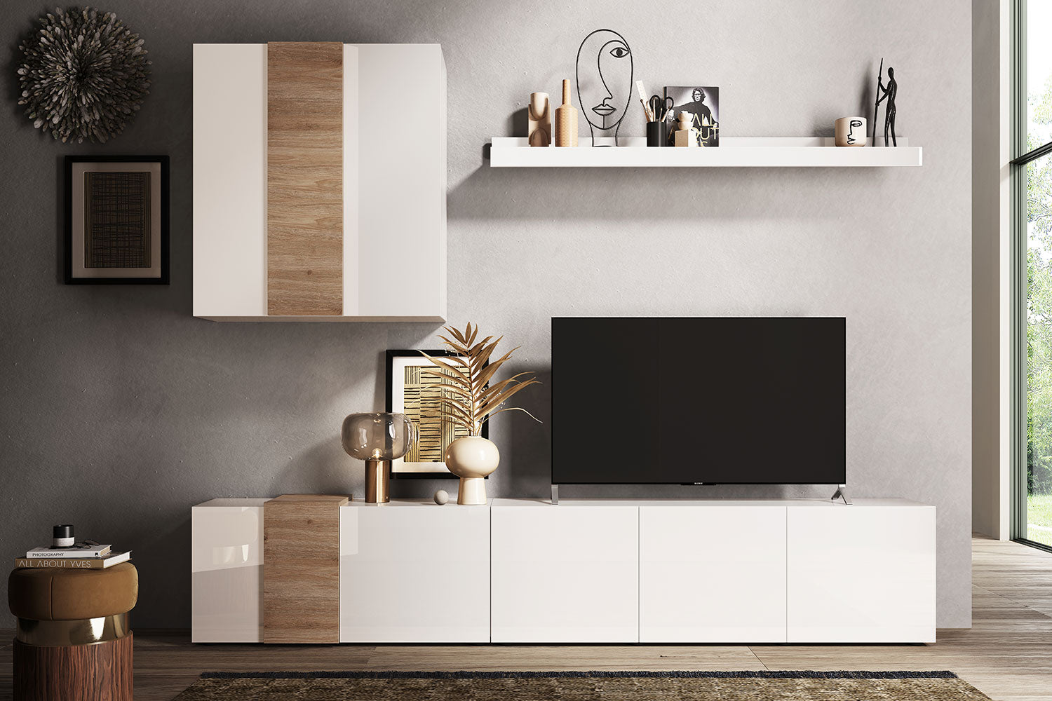 Parete Attrezzata Design Contemporaneo 301x44x195 cm Mobile TV e Pensile Bianco Lucido  e  Cadiz