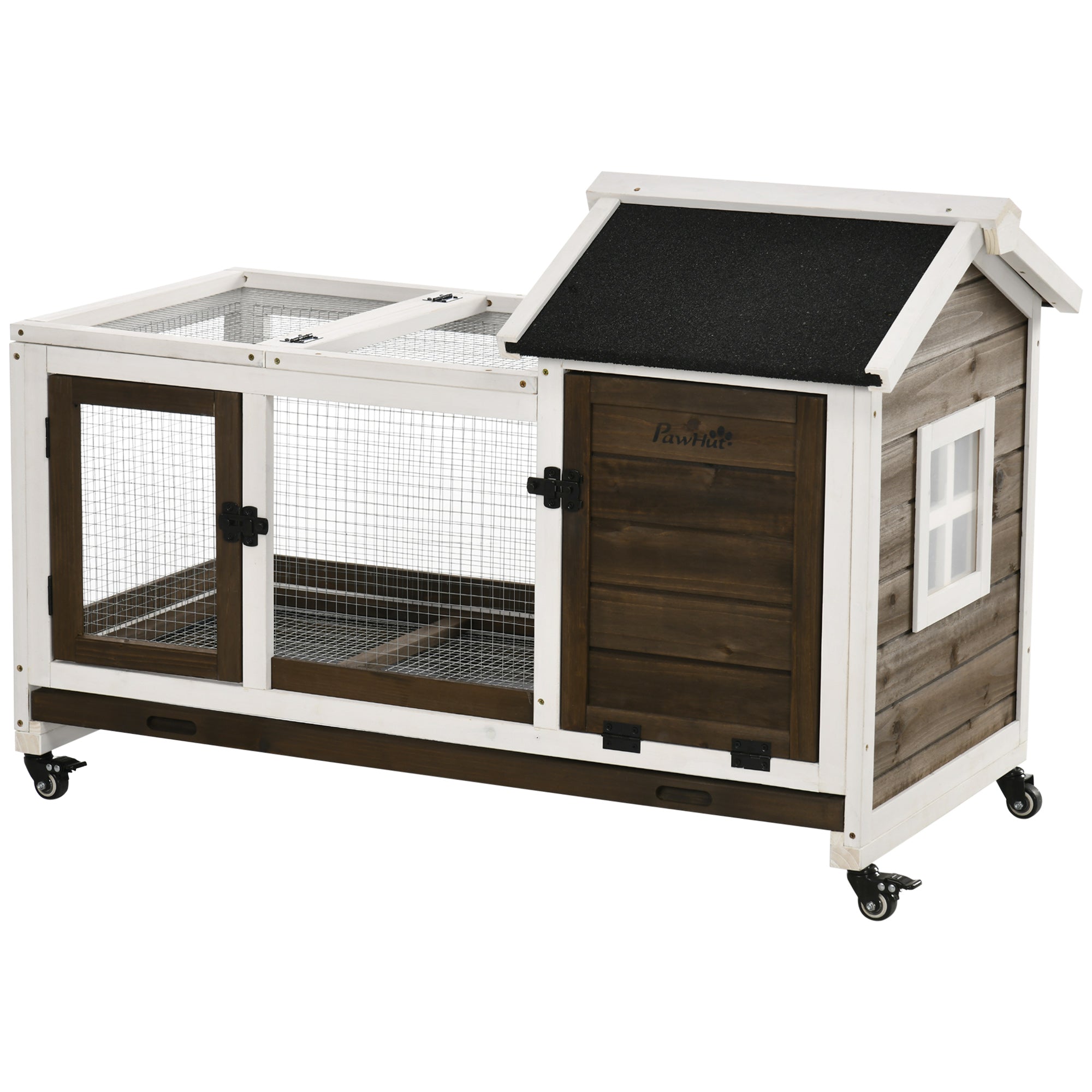 Conigliera da Esterno 108x58x73,5 cm con Tetto Apribile e Ruote in Legno Marrone