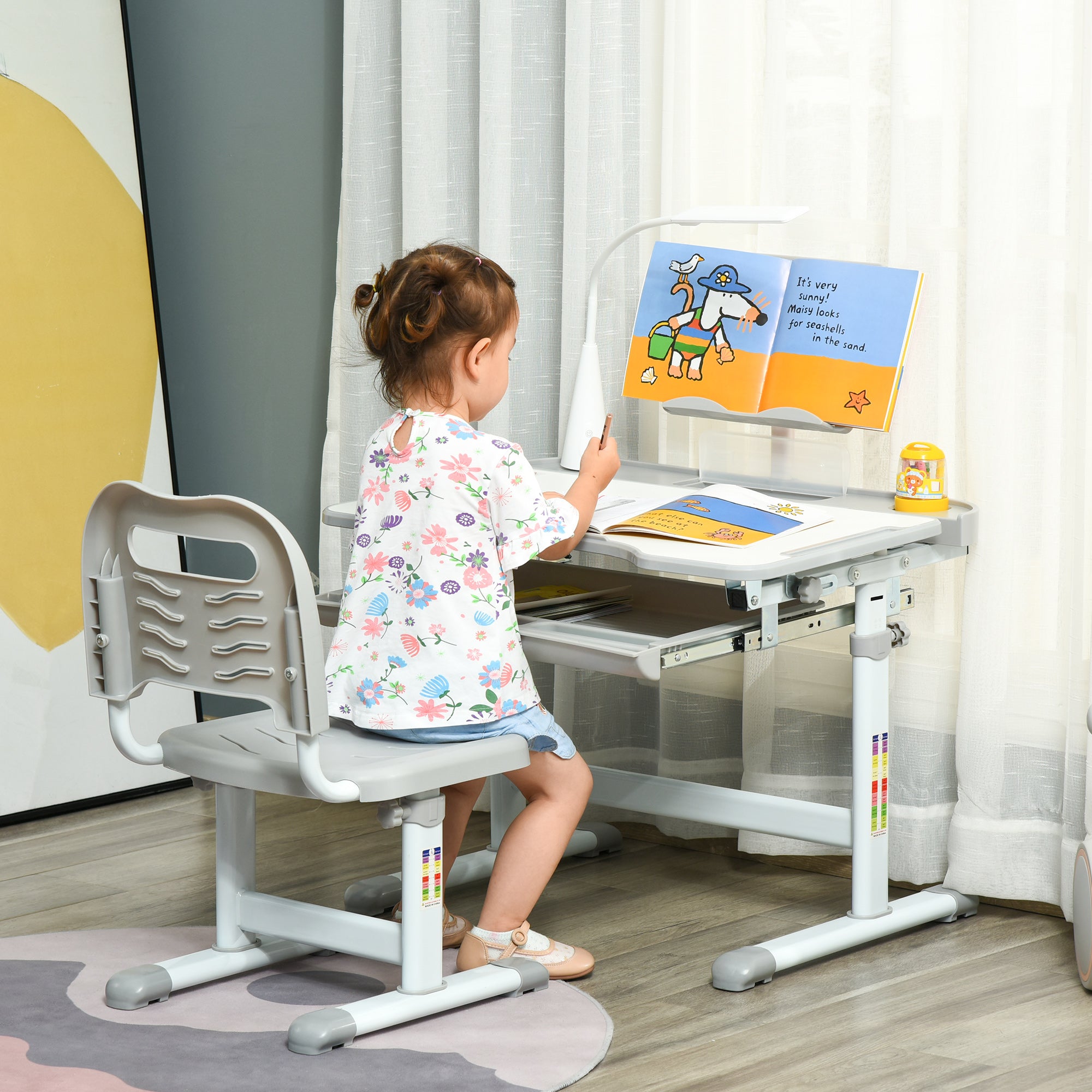 Banco Scuola con Sedia per Bambini con Lampada e Leggio Grigio...