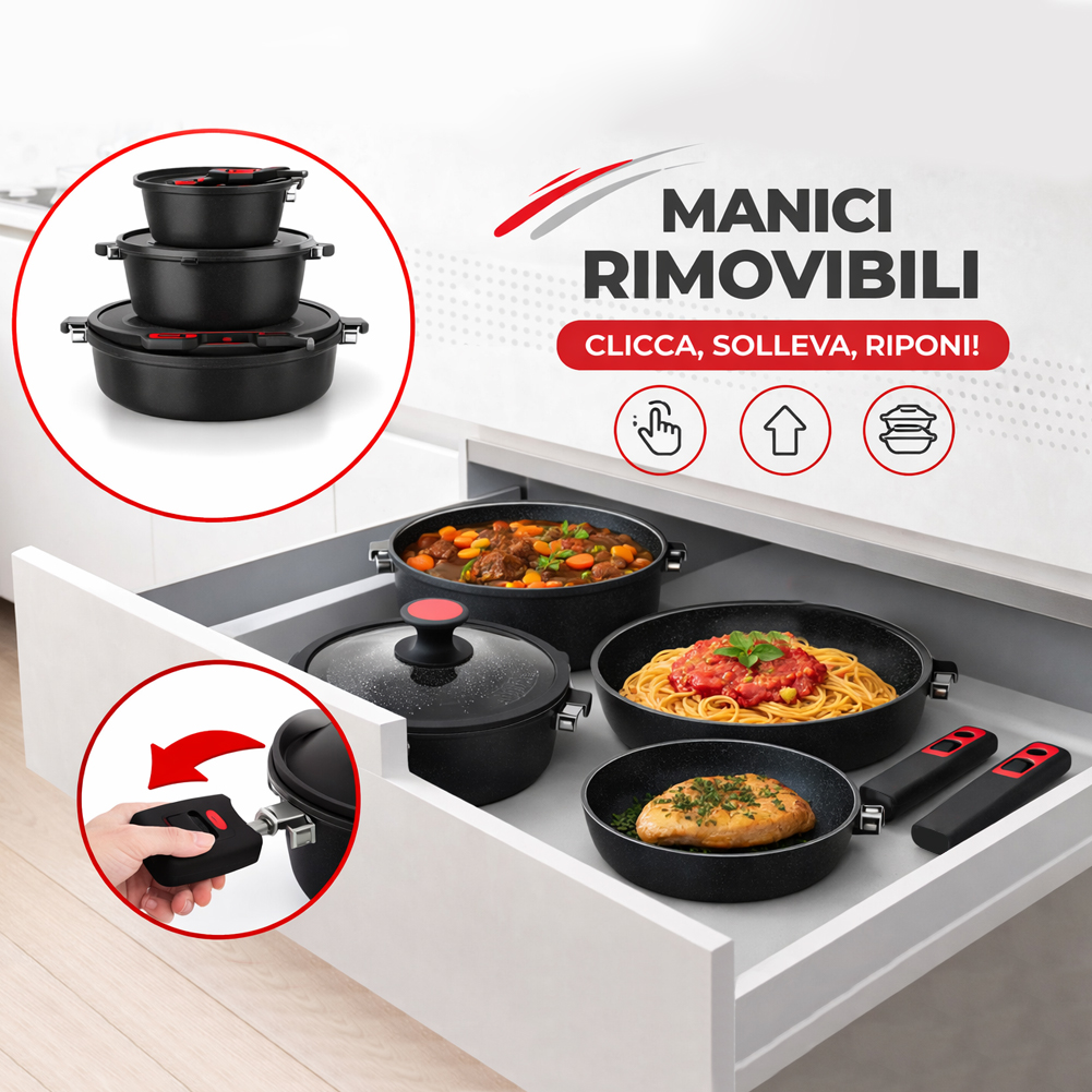 Set 24 Pezzi Batteria di Pentole Manici Removibili Rubino Suprem in Alluminio Pressofuso Nero...