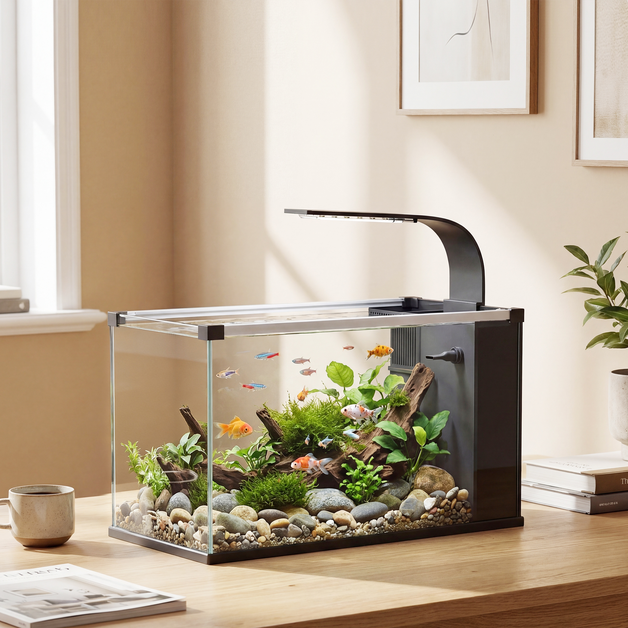 Acquario 45x25x25,5 cm Capacità 24L con Filtro Luce LED e Pompa dell'Acqua in Vetro Temperato Nero...