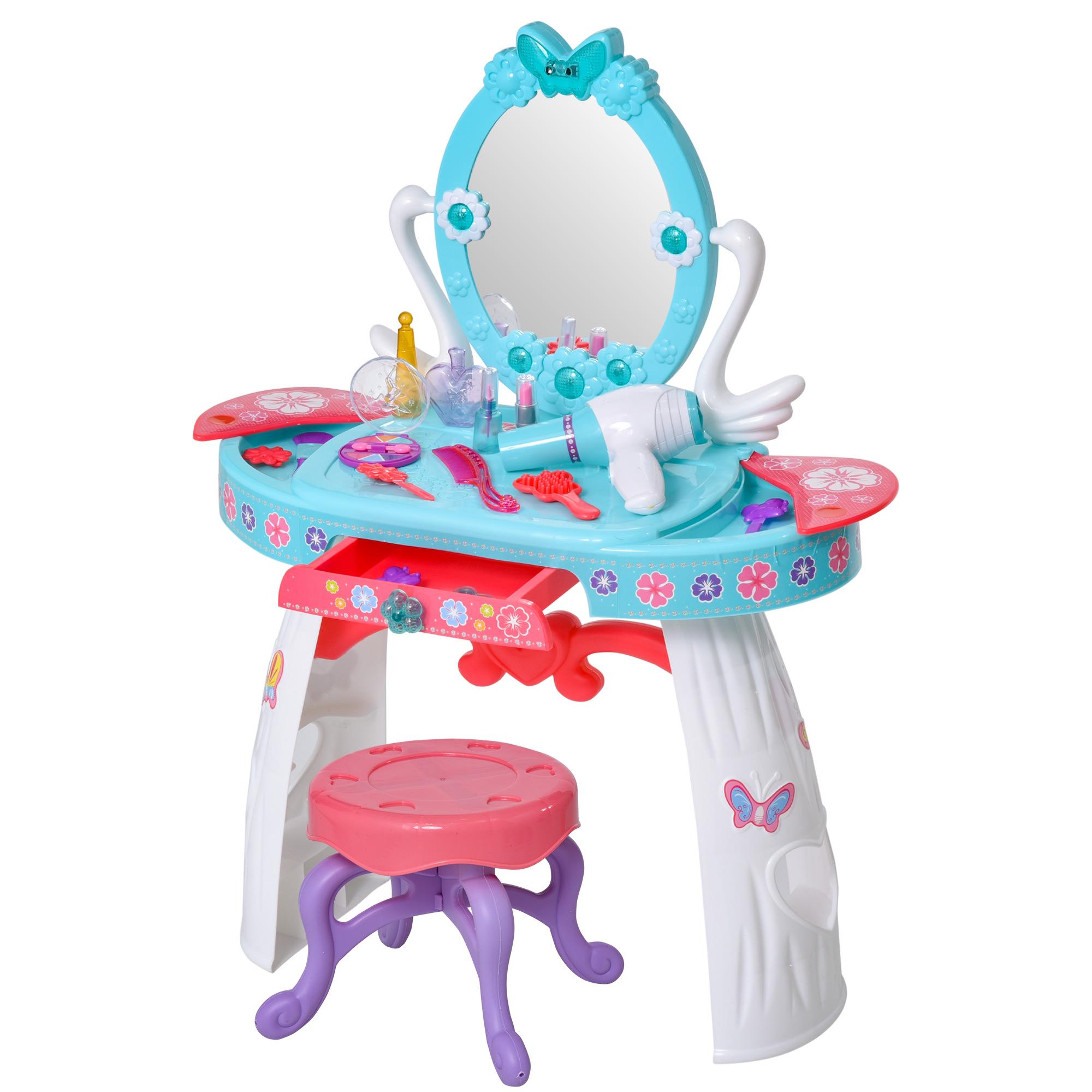 Postazione Trucco Specchiera Giocattolo per Bambini con Sgabello   Azzurra