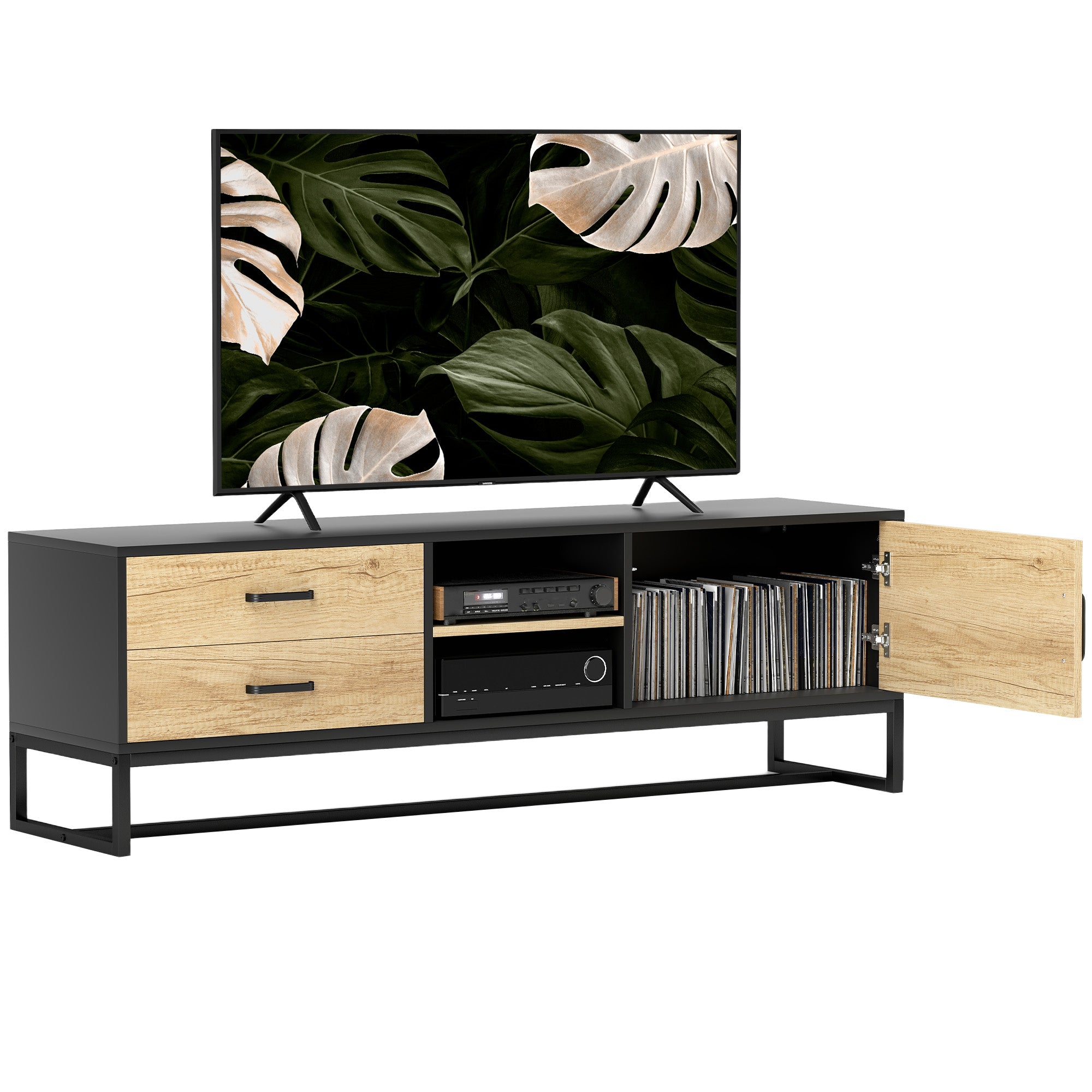 Mobile TV Max 60" con Armadietto Cassetti e Ripiani 140x35x45 cm Legno Naturale